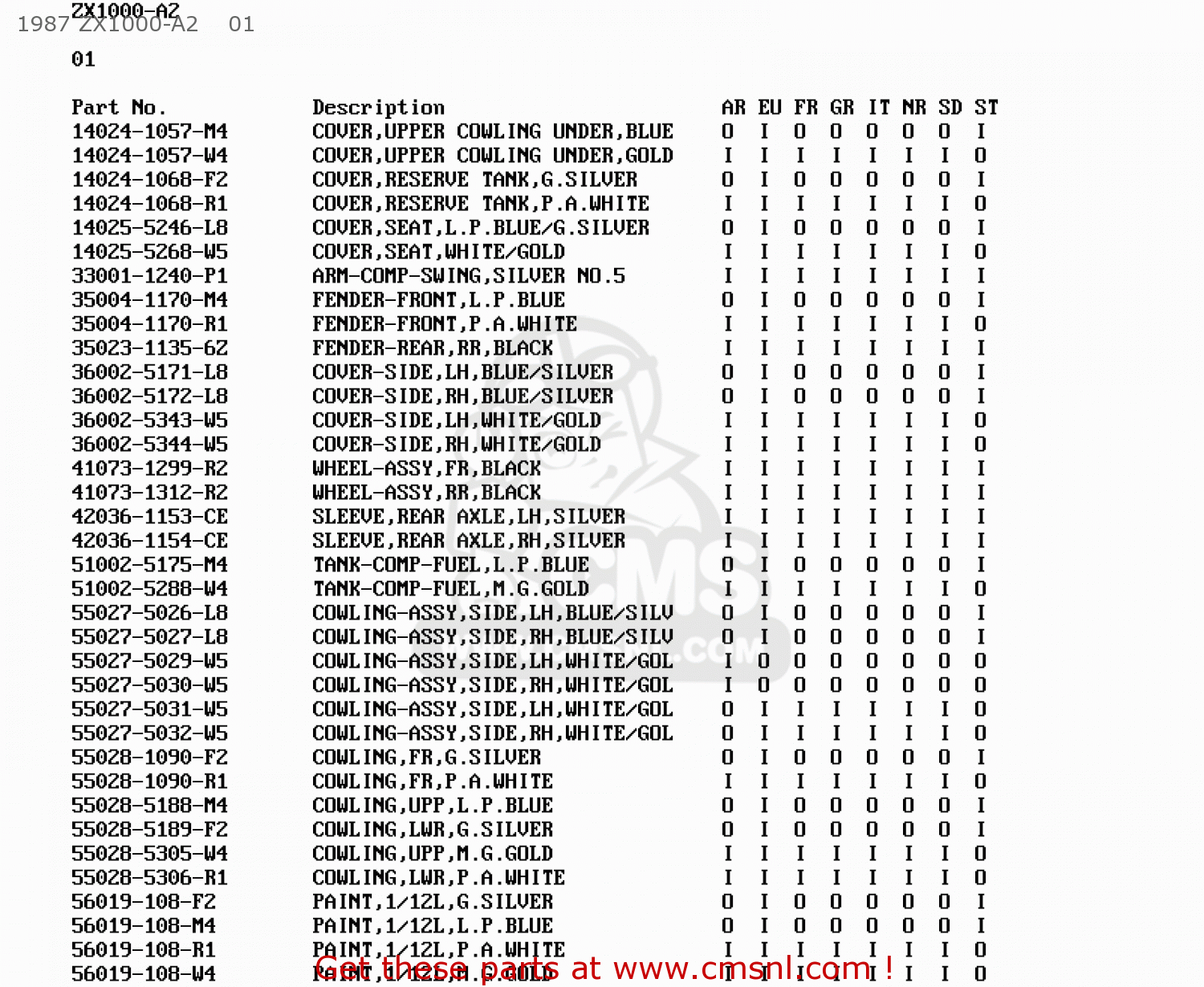 1987 ZX1000-A2    01 ZX1000A1 GPZ1000RX 1986 EUROPE FR UK FG GR IT NR SD SP ST