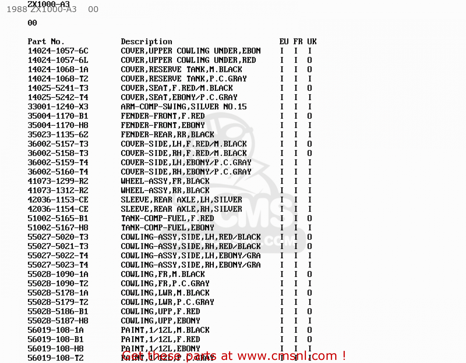 1988 ZX1000-A3    00 ZX1000A1 GPZ1000RX 1986 EUROPE FR UK FG GR IT NR SD SP ST