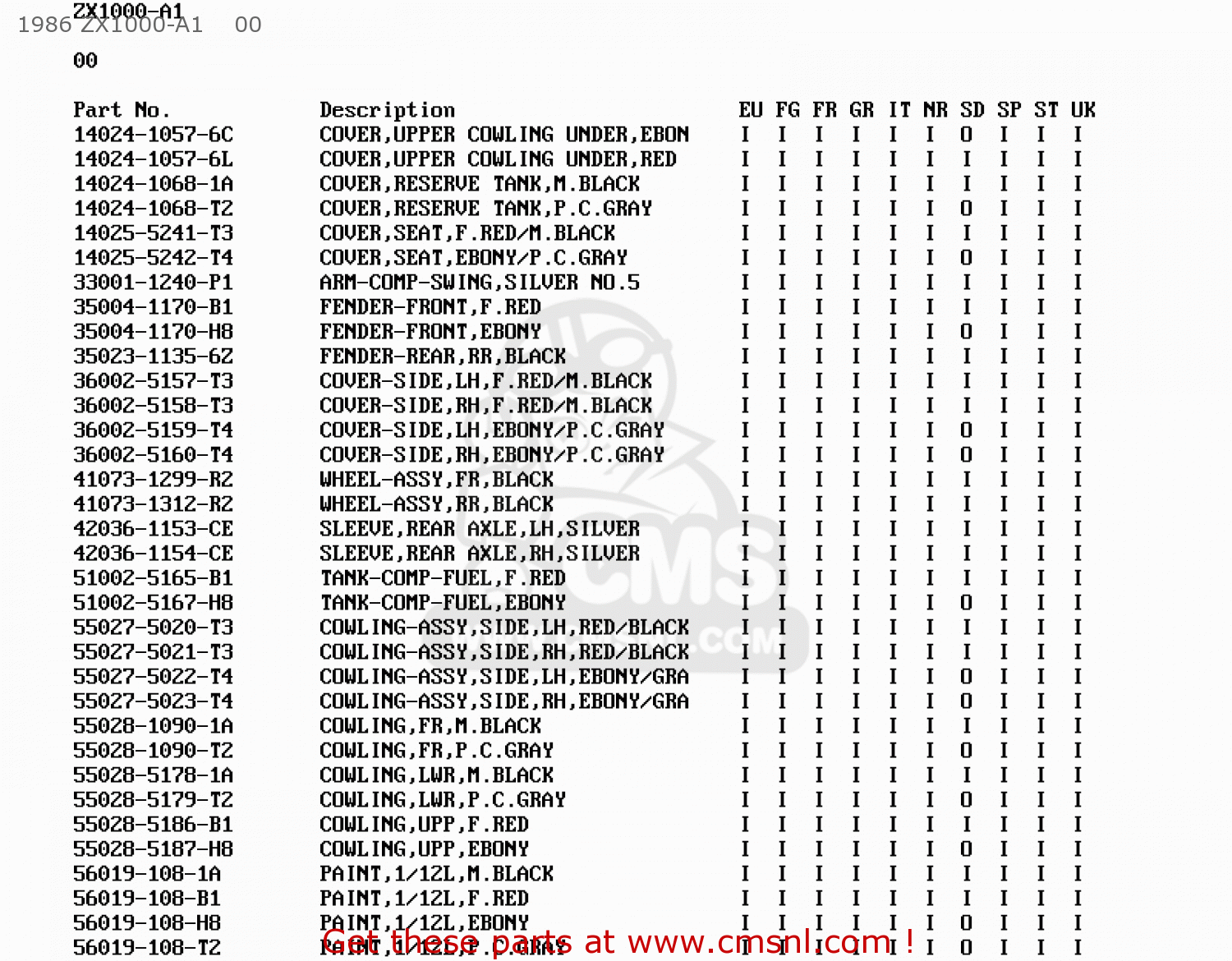 1986 ZX1000-A1    00 ZX1000A2 GPZ1000RX 1987 EUROPE FG IT NR SD SP