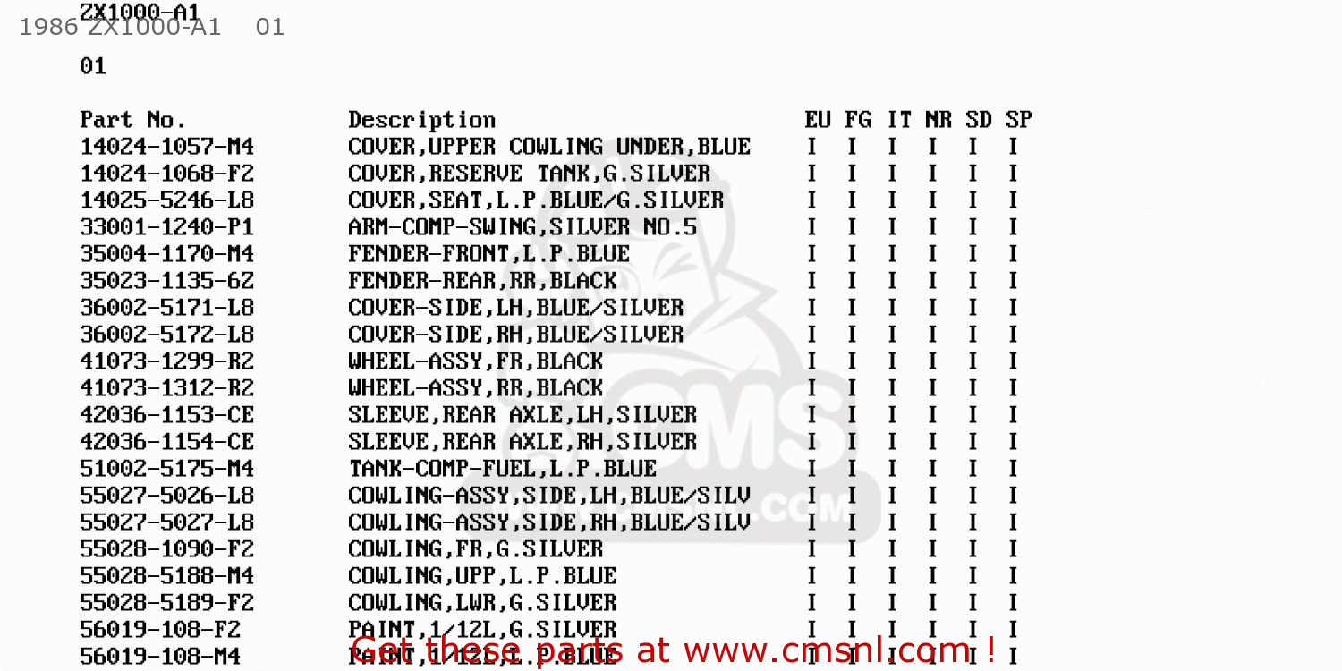 1986 ZX1000-A1    01 ZX1000A2 GPZ1000RX 1987 EUROPE FG IT NR SD SP