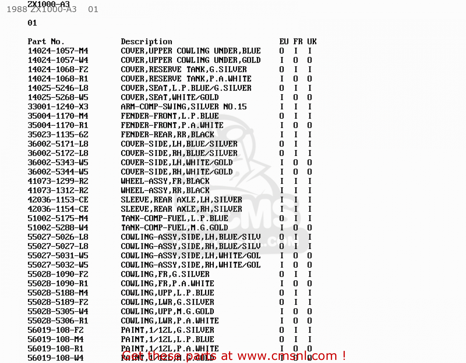 1988 ZX1000-A3    01 ZX1000A2 GPZ1000RX 1987 EUROPE FG IT NR SD SP