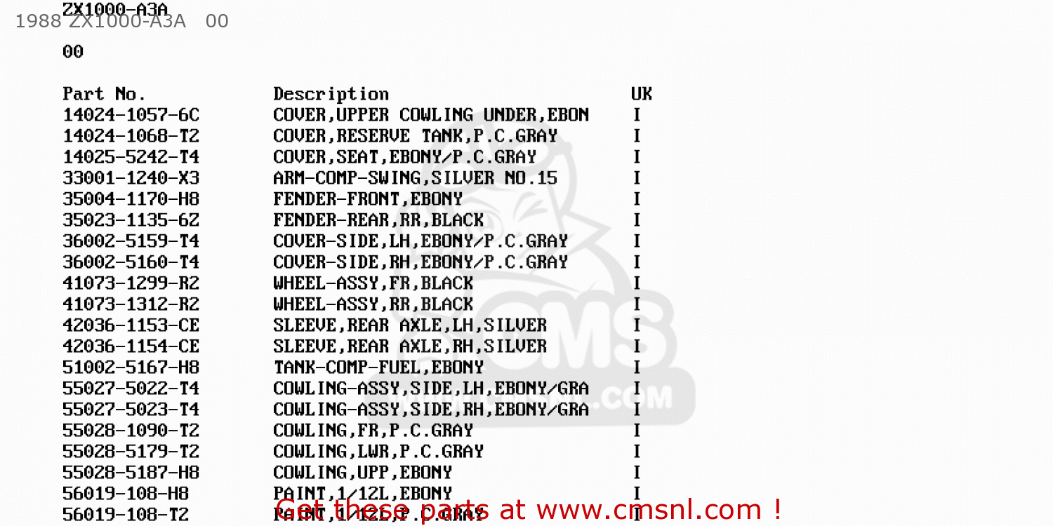 1988 ZX1000-A3A   00 ZX1000A2 GPZ1000RX 1987 EUROPE FG IT NR SD SP