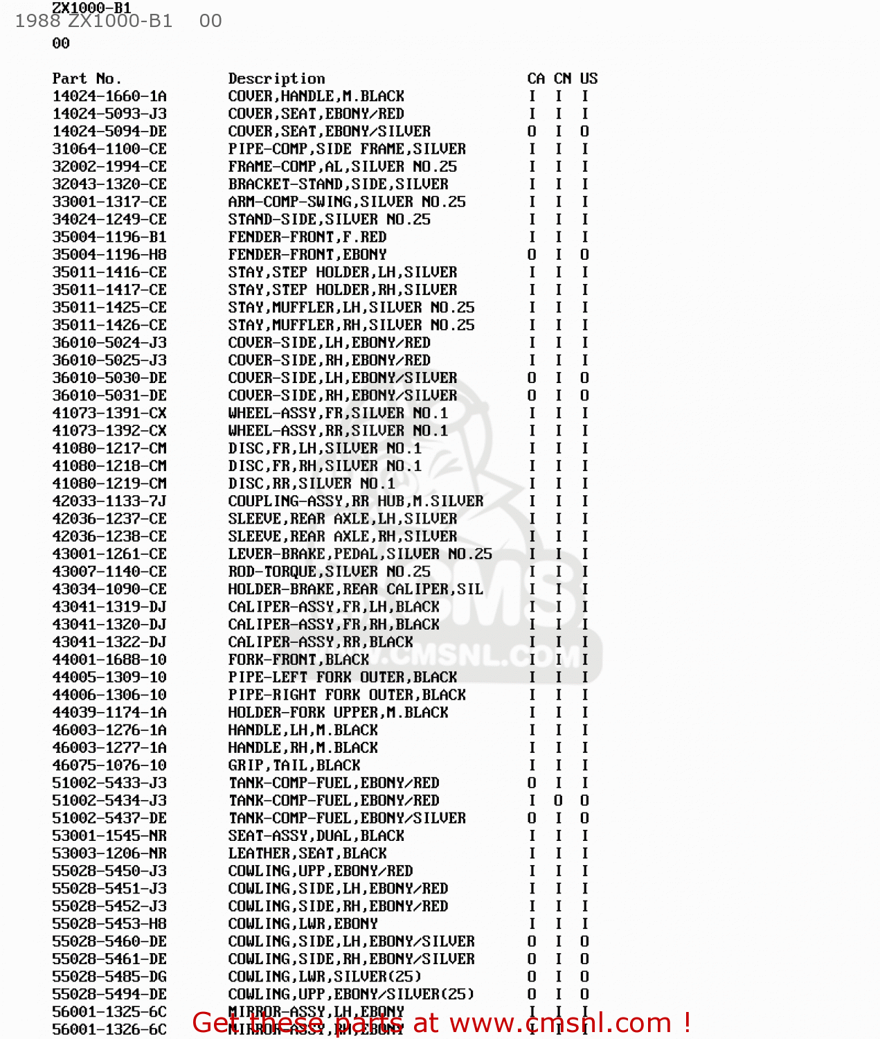 1988 ZX1000-B1    00 ZX1000B2 ZX10 1989 USA CALIFORNIA CANADA