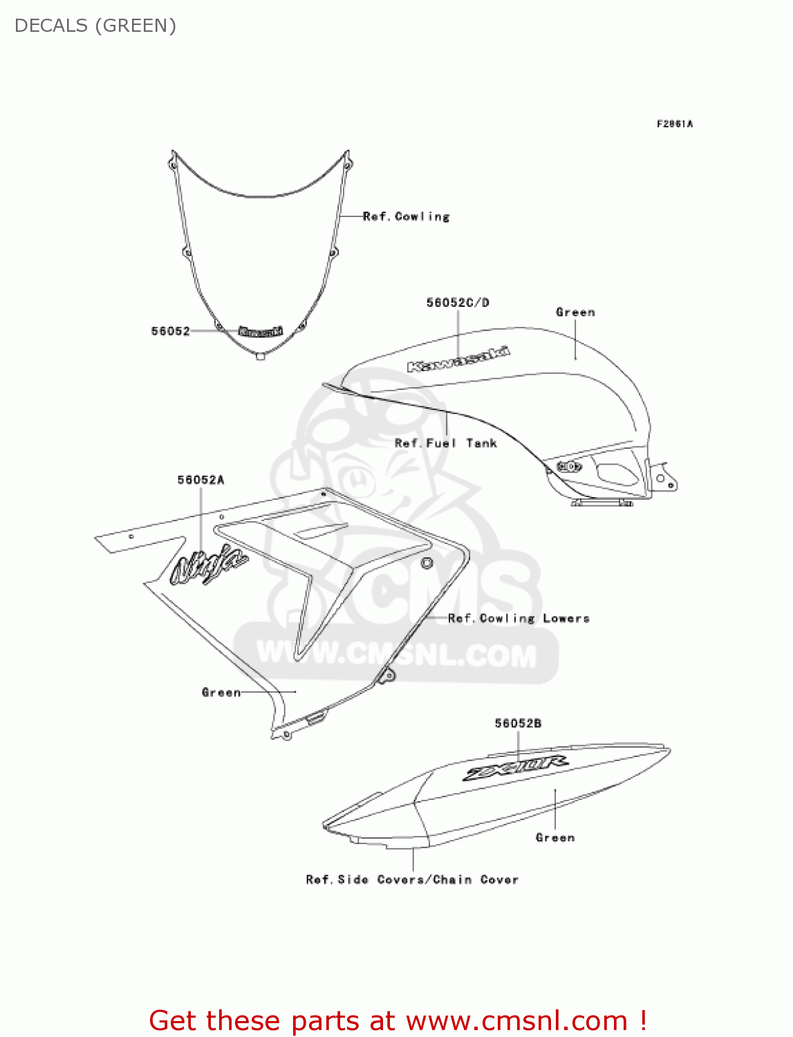 DECALS (GREEN) ZX1000C1 NINJA ZX10R 2004 USA CALIFORNIA CANADA