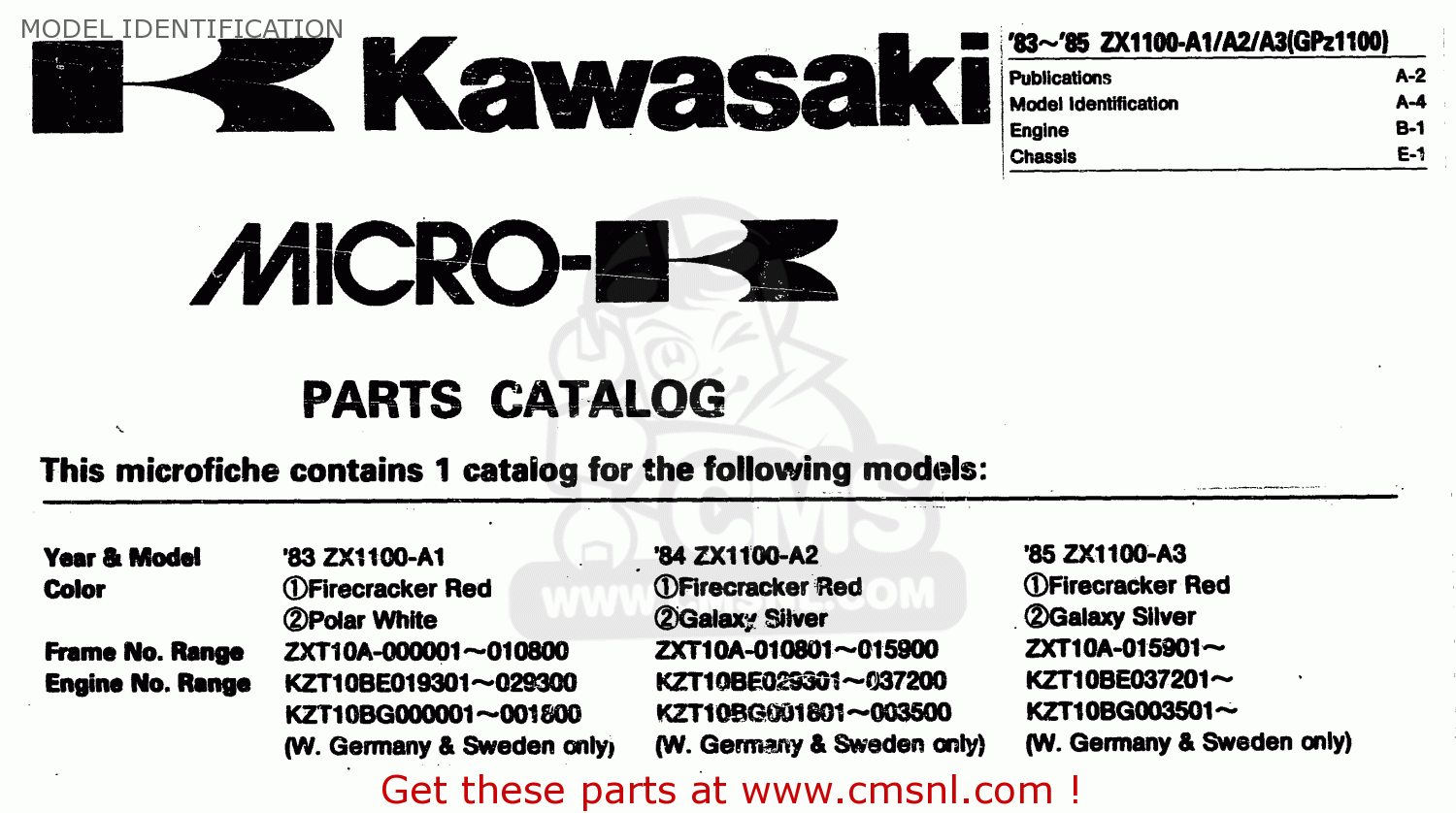 MODEL IDENTIFICATION ZX1100A3 1985 EUROPE UK FR GR IT NR ST