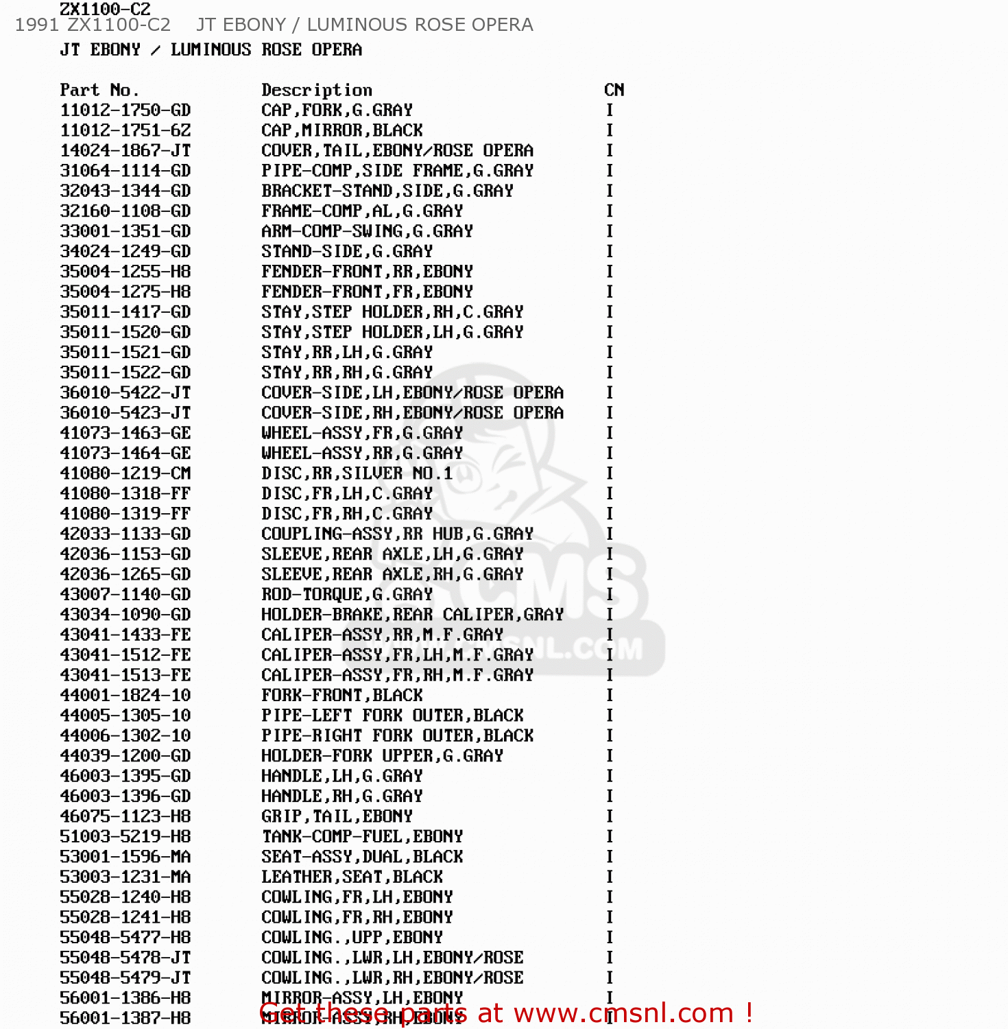 1991 ZX1100-C2    JT EBONY / LUMINOUS ROSE OPERA ZX1100C1 ZX11 1990 USA CALIFORNIA CANADA