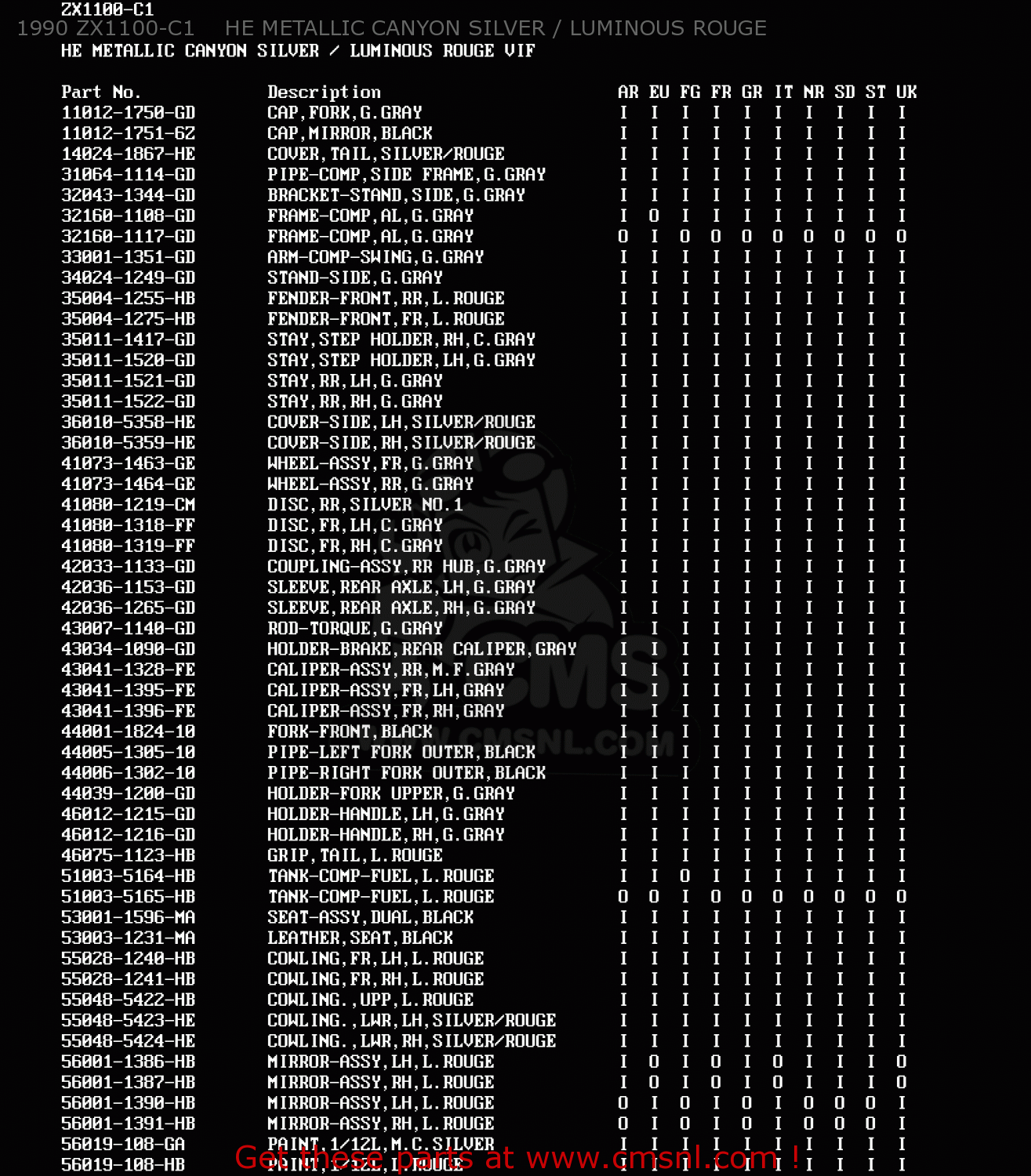 1990 ZX1100-C1    HE METALLIC CANYON SILVER / LUMINOUS ROUGE ZX1100C1 ZZR1100 1990 EUROPE UK FR FG GR IT NR SD SP ST