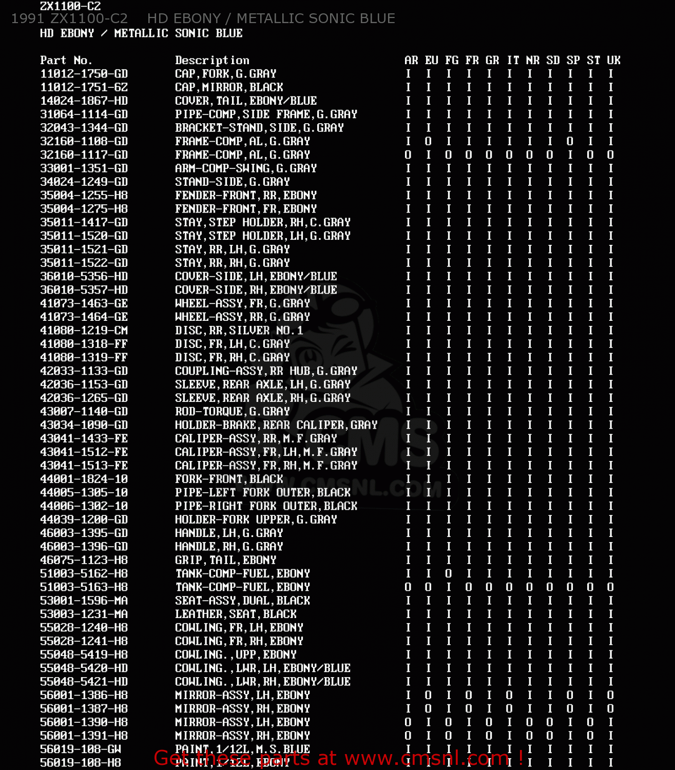 1991 ZX1100-C2    HD EBONY / METALLIC SONIC BLUE ZX1100C1 ZZR1100 1990 EUROPE UK FR FG GR IT NR SD SP ST