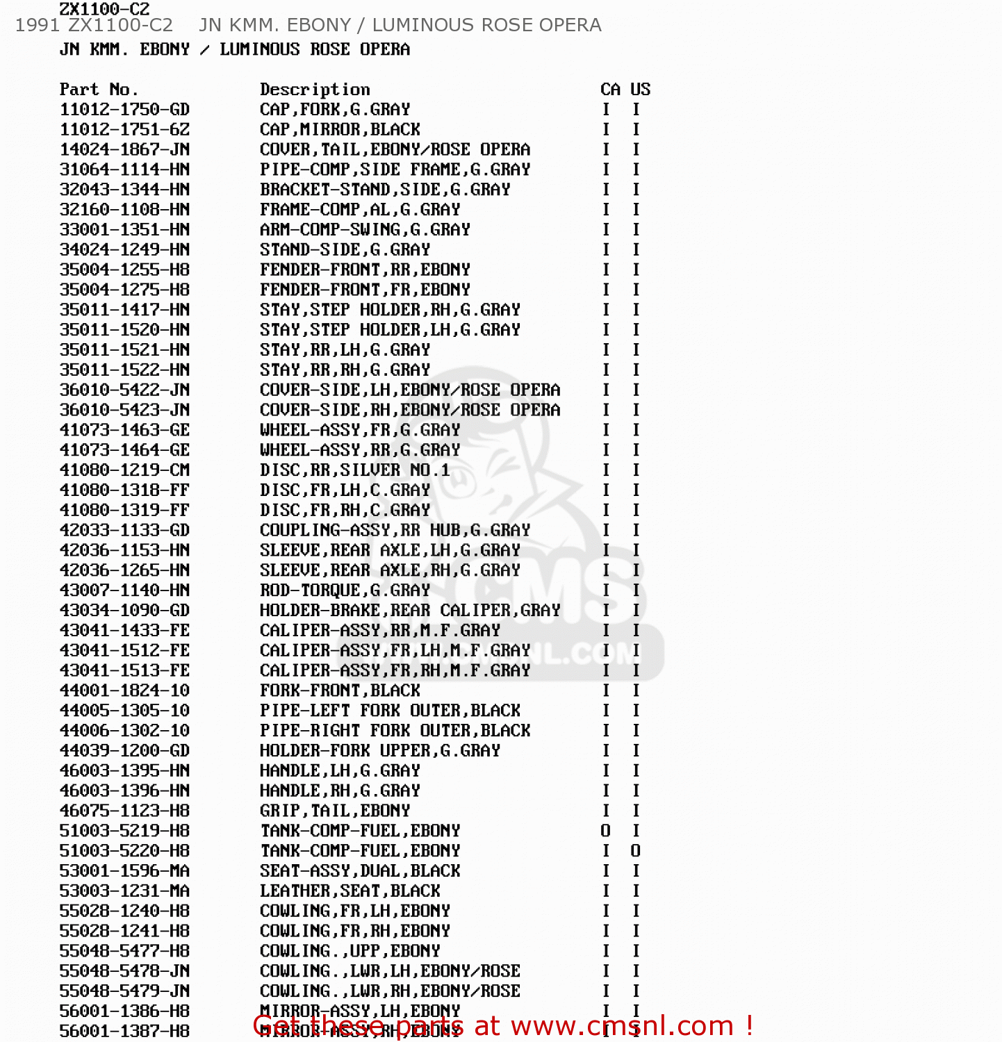 1991 ZX1100-C2    JN KMM. EBONY / LUMINOUS ROSE OPERA ZX1100C2 ZX11 1991 USA CALIFORNIA CANADA
