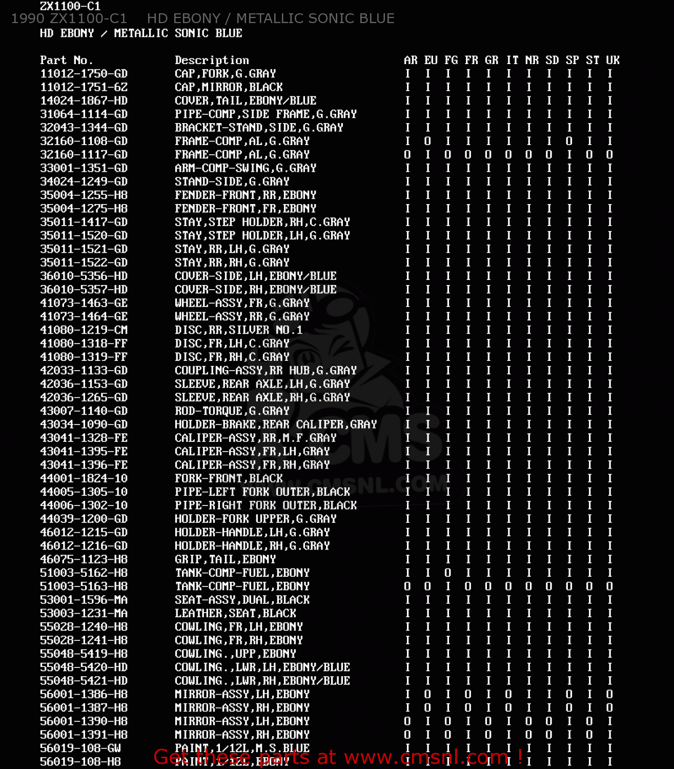 1990 ZX1100-C1    HD EBONY / METALLIC SONIC BLUE ZX1100C2 ZZR1100 1991 EUROPE UK FR FG GR IT NR SD SP ST
