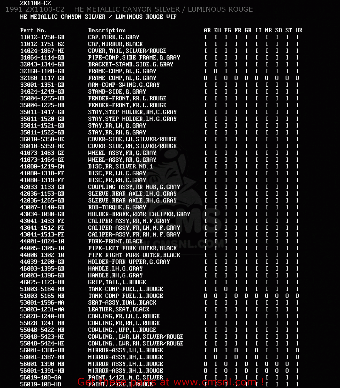 1991 ZX1100-C2    HE METALLIC CANYON SILVER / LUMINOUS ROUGE ZX1100C2 ZZR1100 1991 EUROPE UK FR FG GR IT NR SD SP ST