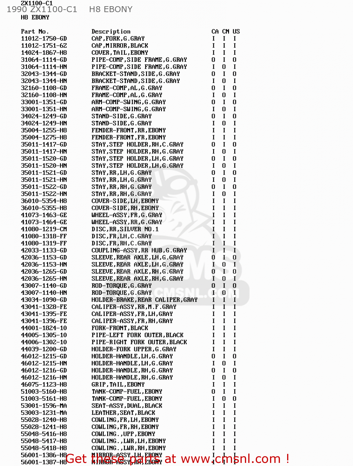 1990 ZX1100-C1    H8 EBONY ZX1100C3 ZX11 1992 USA CALIFORNIA CANADA