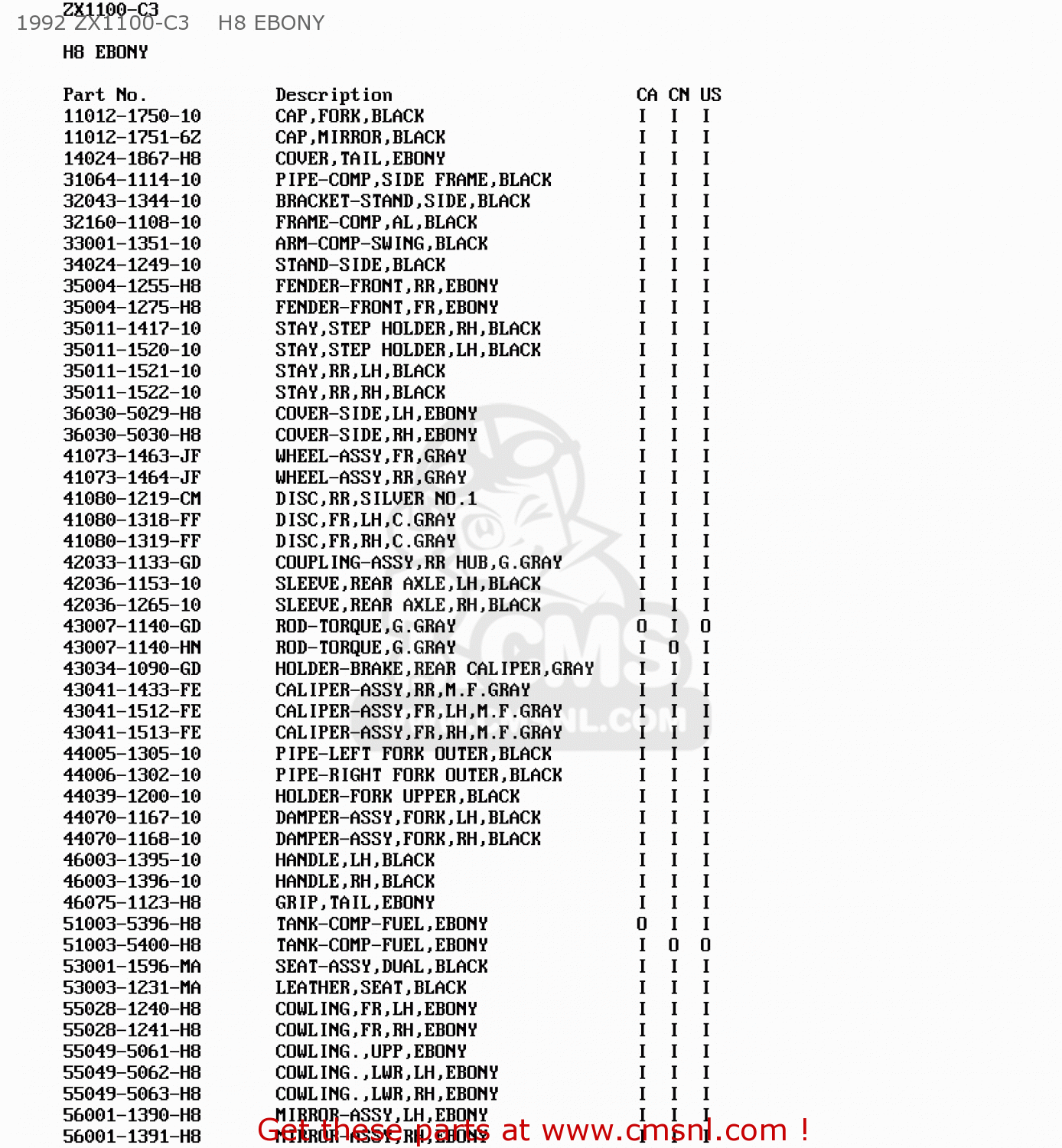 1992 ZX1100-C3    H8 EBONY ZX1100C3 ZX11 1992 USA CALIFORNIA CANADA
