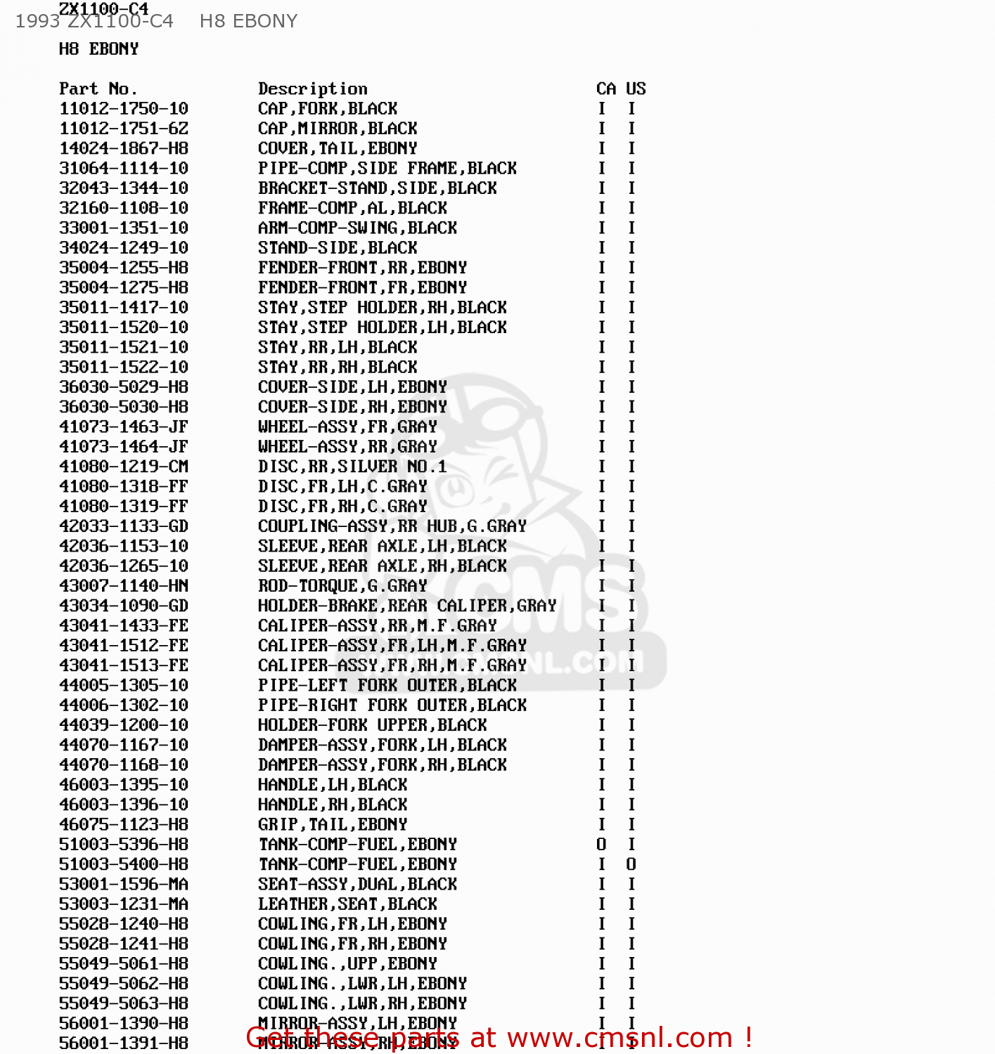 1993 ZX1100-C4    H8 EBONY ZX1100C3 ZX11 1992 USA CALIFORNIA CANADA