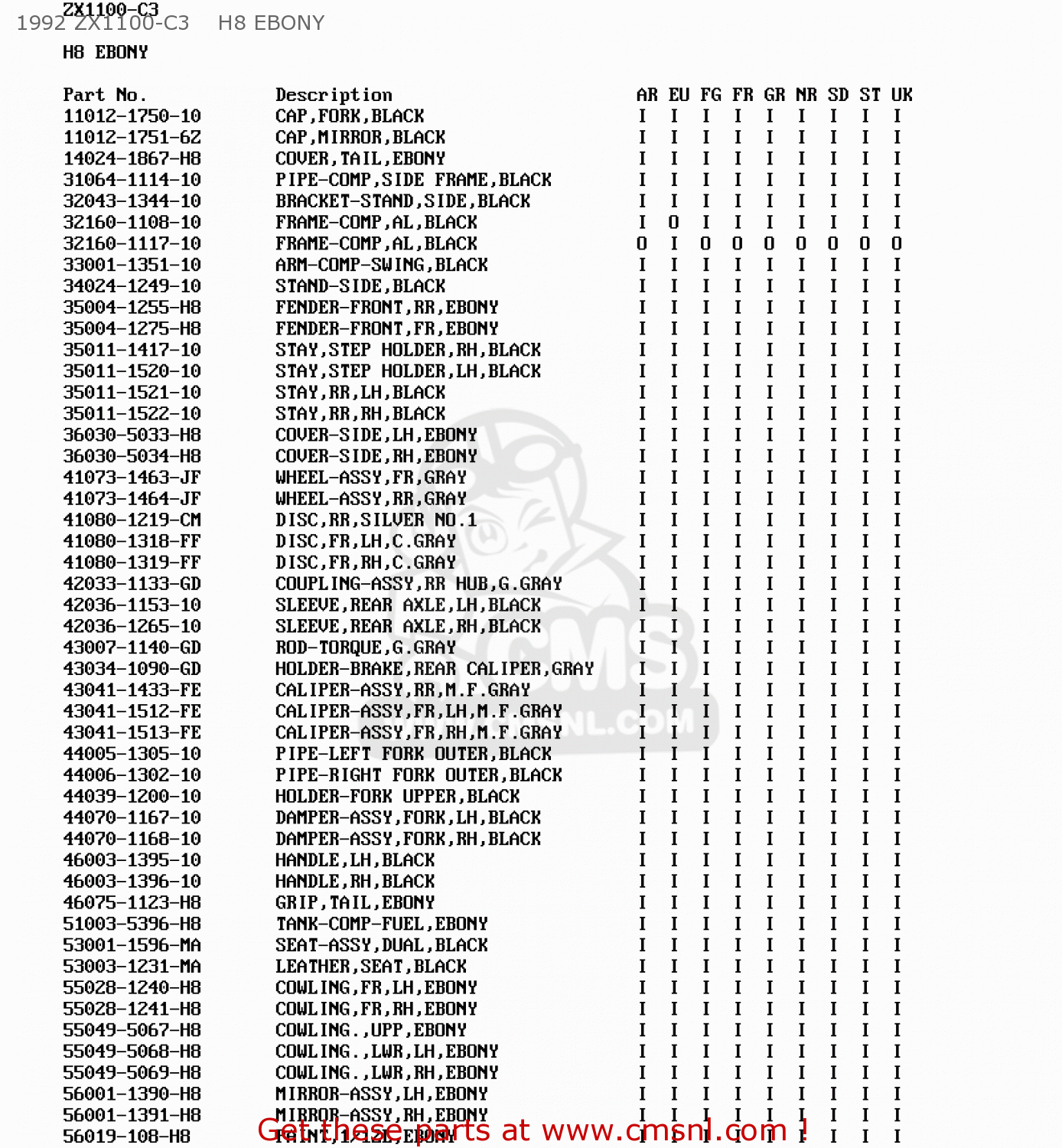 1992 ZX1100-C3    H8 EBONY ZX1100C3 ZZR1100 1992 EUROPE UK FR AR FG GR IT NR SD SP ST