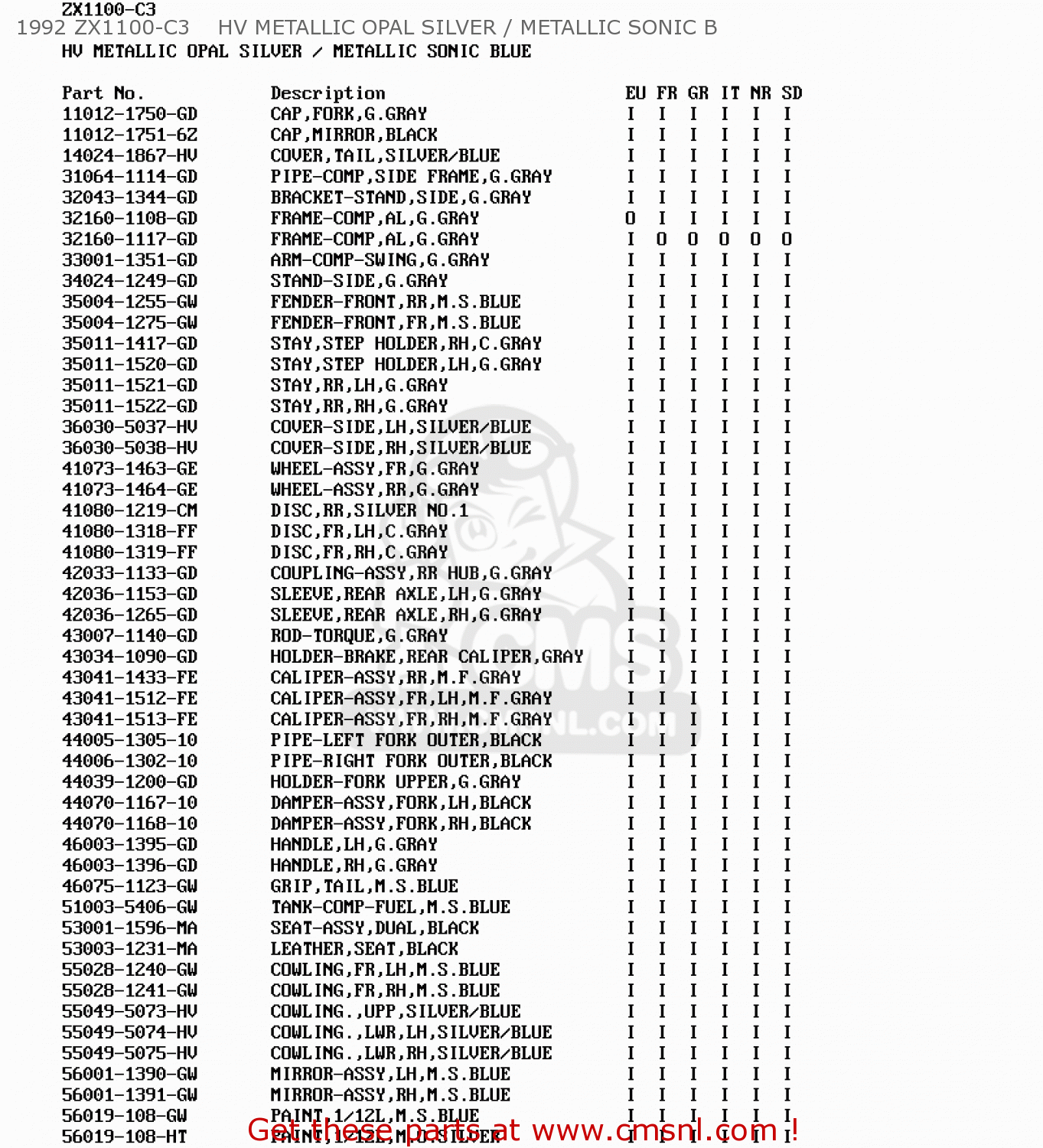 1992 ZX1100-C3    HV METALLIC OPAL SILVER / METALLIC SONIC B ZX1100C3 ZZR1100 1992 EUROPE UK FR AR FG GR IT NR SD SP ST