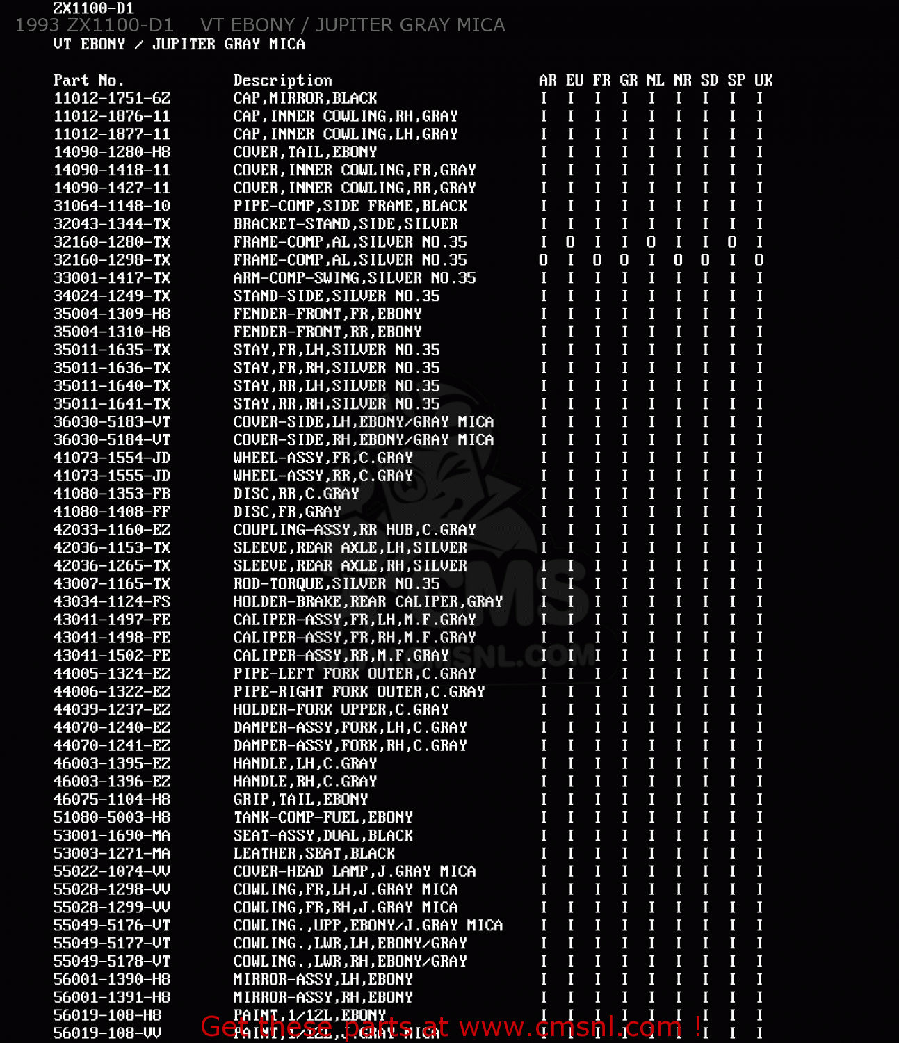 1993 ZX1100-D1    VT EBONY / JUPITER GRAY MICA ZX1100D1 ZZR1100 1993 EUROPE UK FR NL AR FG GR IT NR SD SP ST