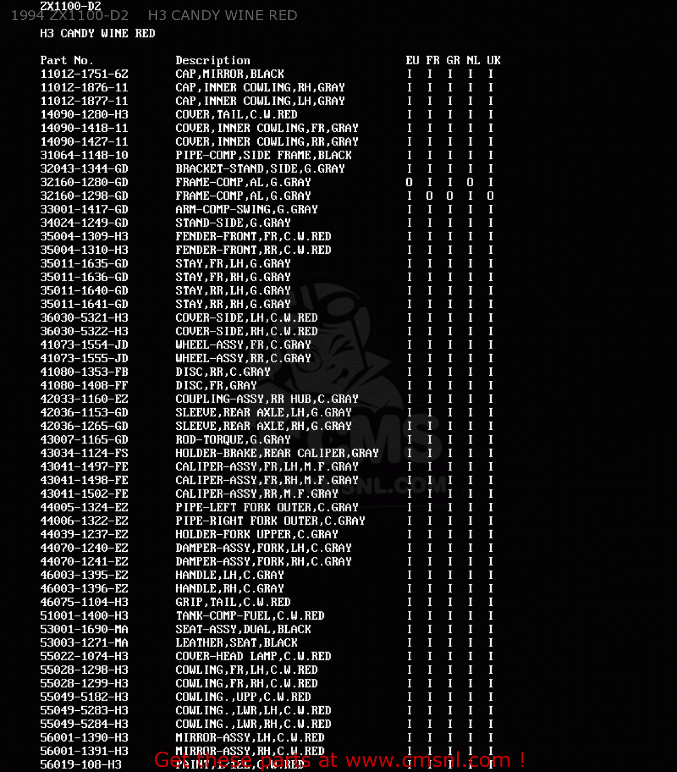 1994 ZX1100-D2    H3 CANDY WINE RED ZX1100D1 ZZR1100 1993 EUROPE UK FR NL AR FG GR IT NR SD SP ST