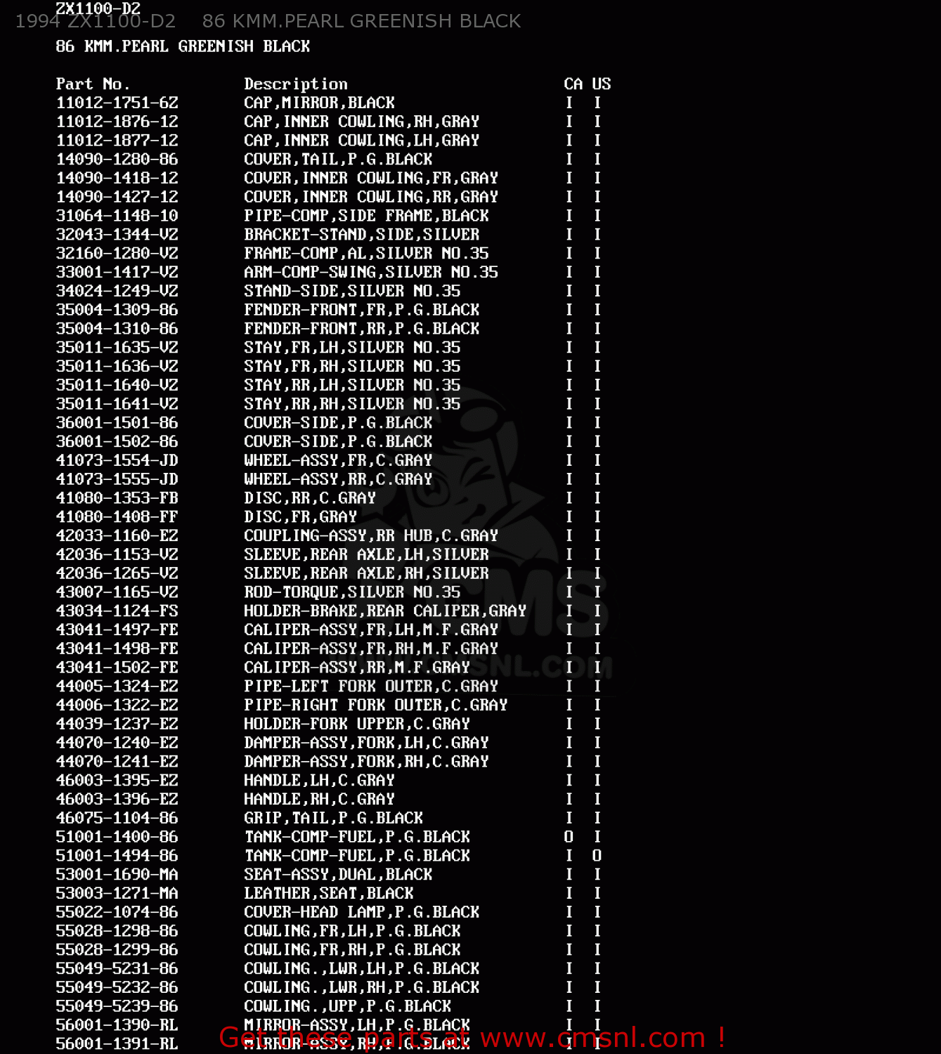 1994 ZX1100-D2    86 KMM.PEARL GREENISH BLACK ZX1100D2 NINJAZX11 1994 USA CALIFORNIA CANADA