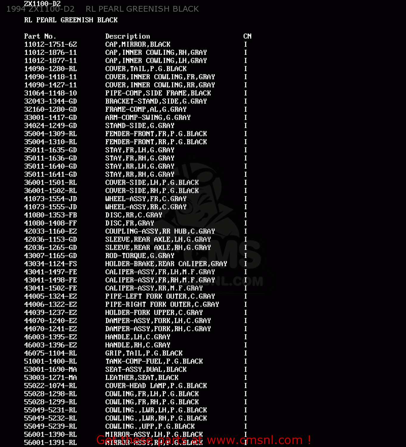 1994 ZX1100-D2    RL PEARL GREENISH BLACK ZX1100D2 NINJAZX11 1994 USA CALIFORNIA CANADA