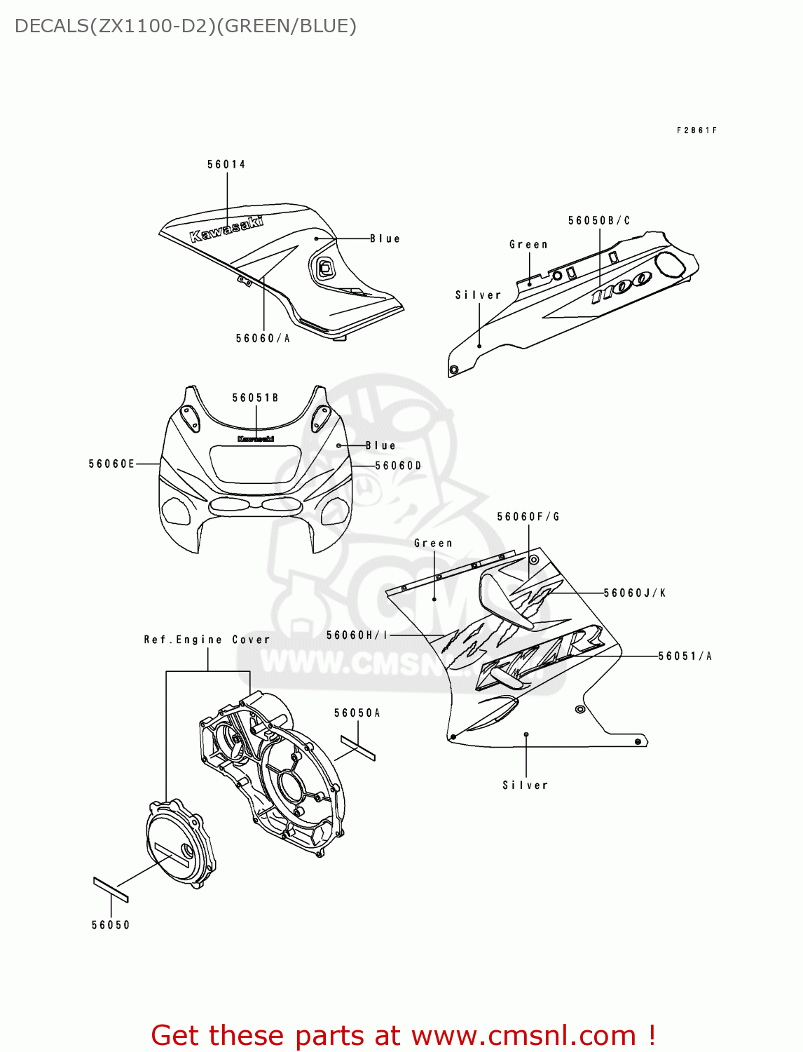 DECALS(ZX1100-D2)(GREEN/BLUE) ZX1100D2 ZZR1100 1994 EUROPE UK FR NL AR FG GR IT NR SD SP ST