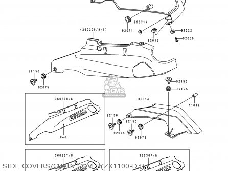 SIDE COVERS/CHAIN COVER(ZX1100-D3) - ZX1100D3 ZZR1100 1995 EUROPE UK FR NL AR FG GR IT NR SD SP ST