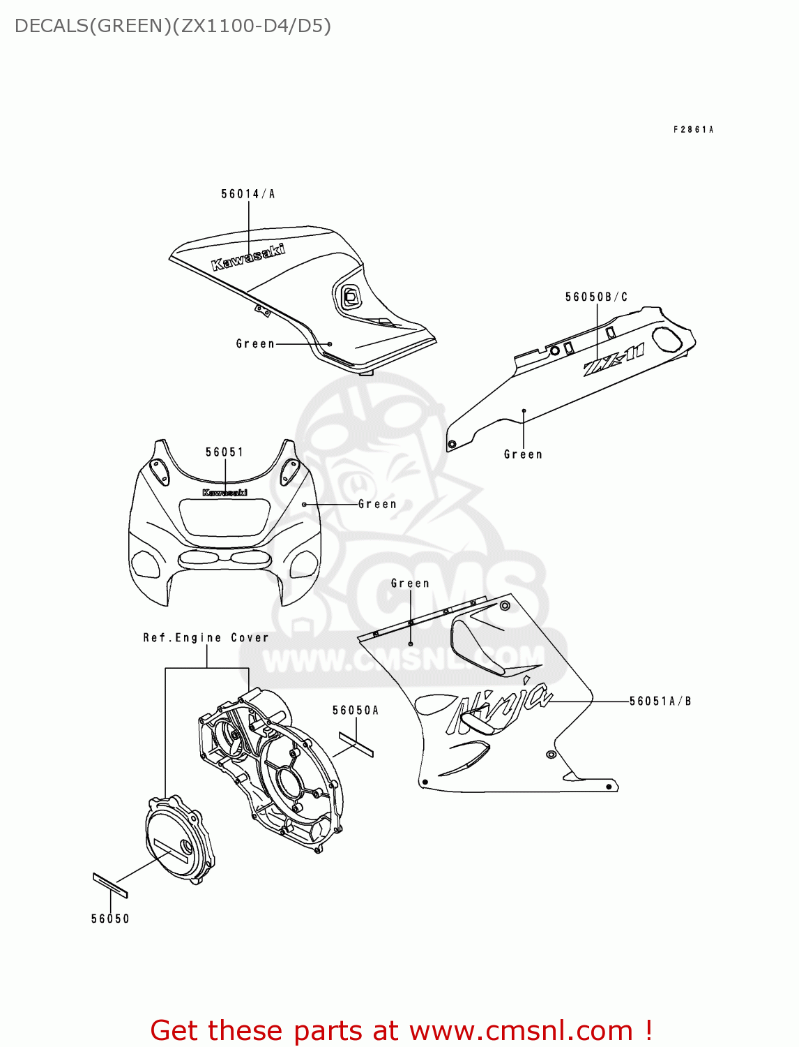 DECALS(GREEN)(ZX1100-D4/D5) ZX1100D4 NINJAZX11 1996 USA CALIFORNIA CANADA