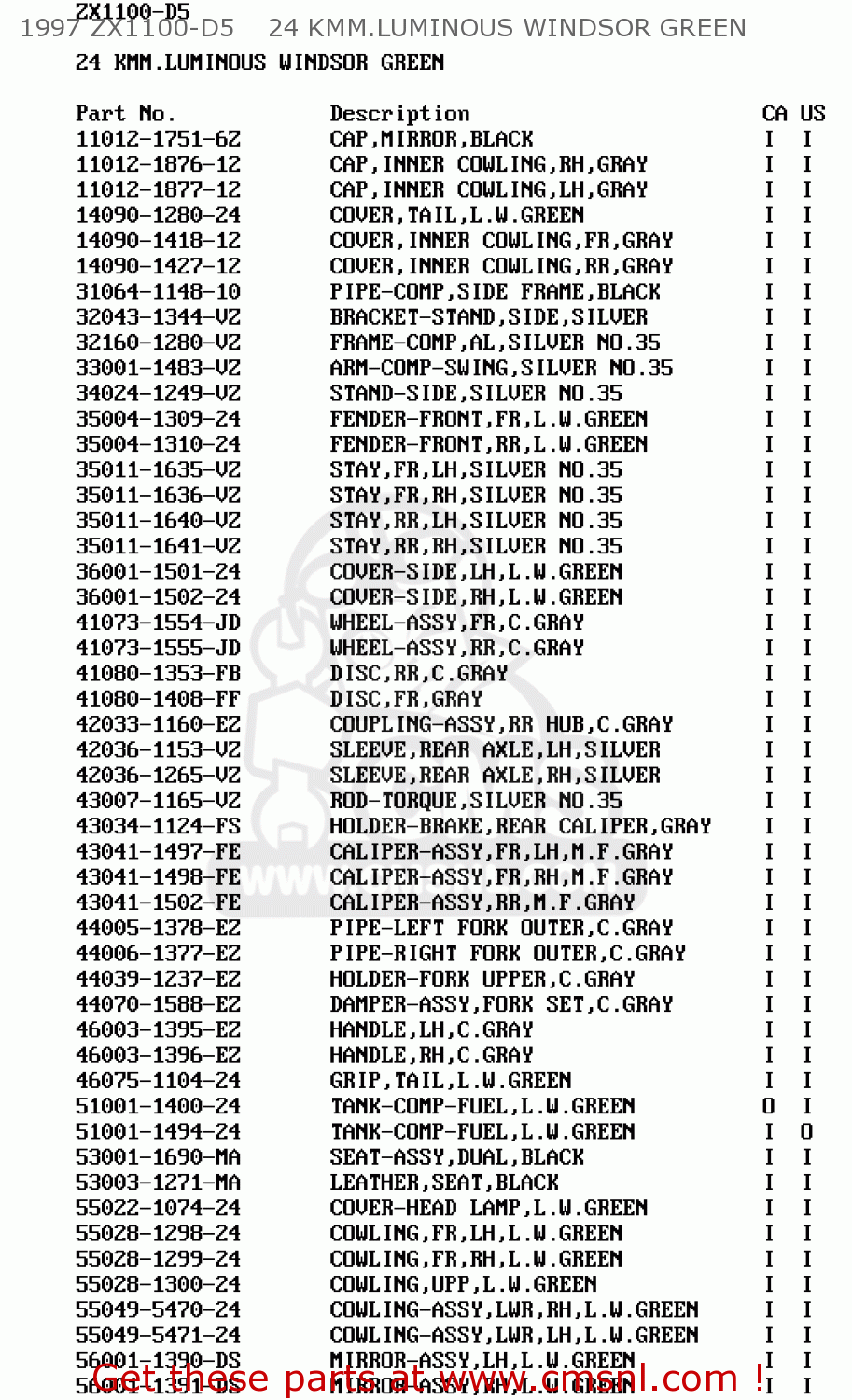 1997 ZX1100-D5    24 KMM.LUMINOUS WINDSOR GREEN ZX1100D4 NINJAZX11 1996 USA CALIFORNIA CANADA
