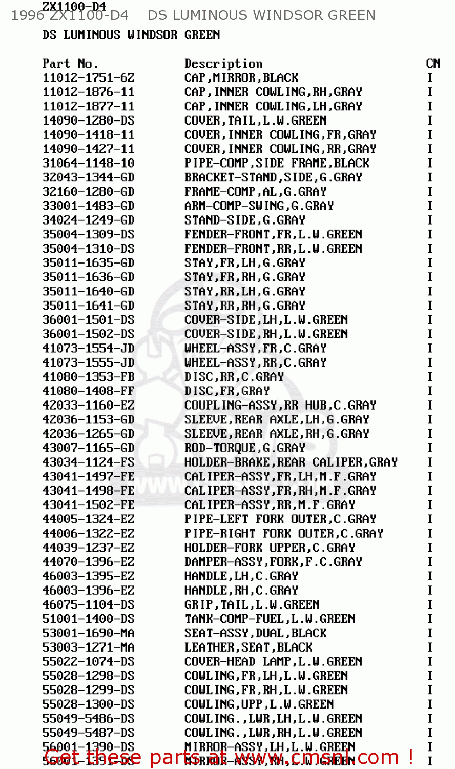 1996 ZX1100-D4    DS LUMINOUS WINDSOR GREEN ZX1100D5 NINJAZX11 1997 USA CALIFORNIA CANADA