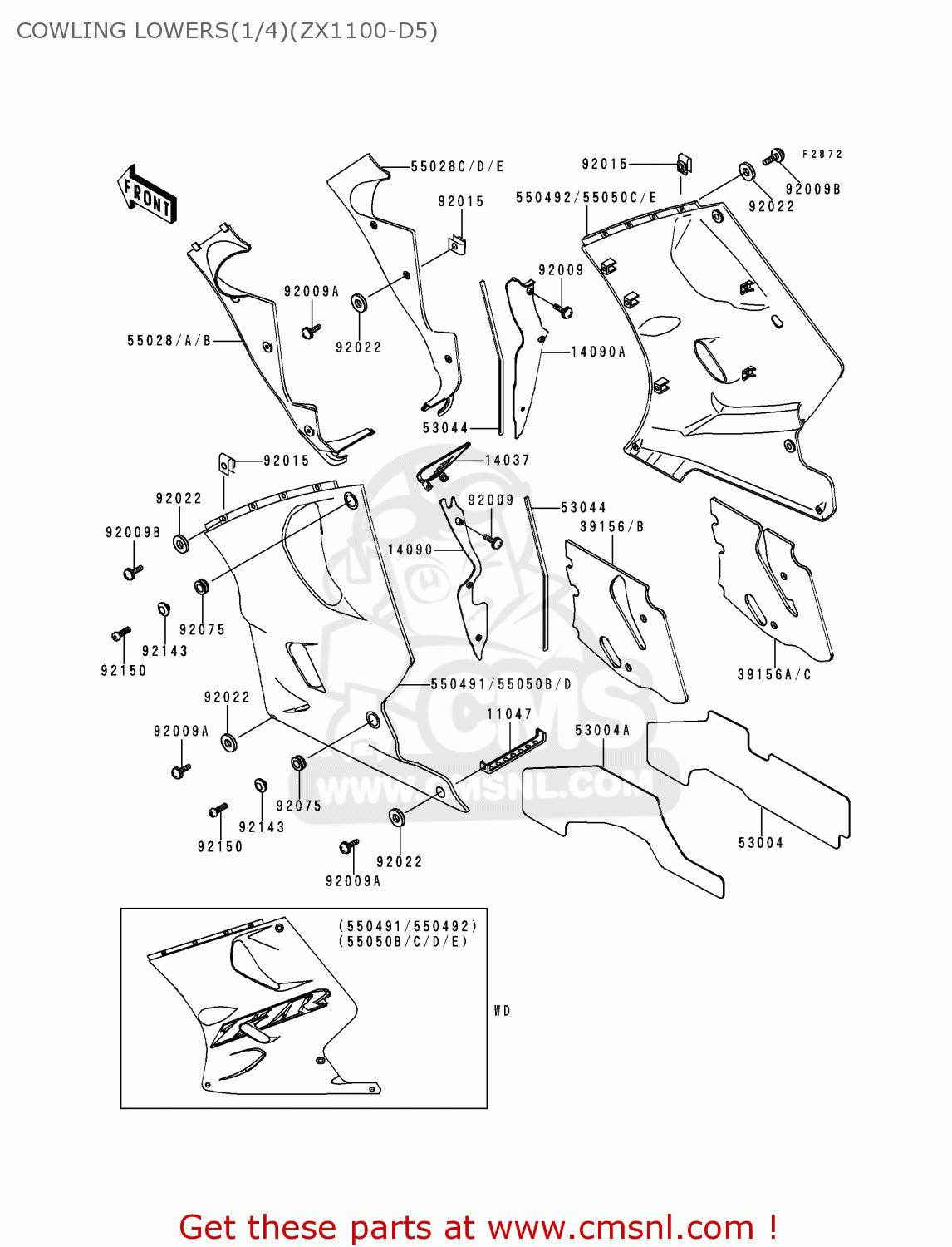 COWLING LOWERS(1/4)(ZX1100-D5) ZX1100D5 ZZR1100 1997 EUROPE UK FR NL AR FG GR IT NR SD SP ST