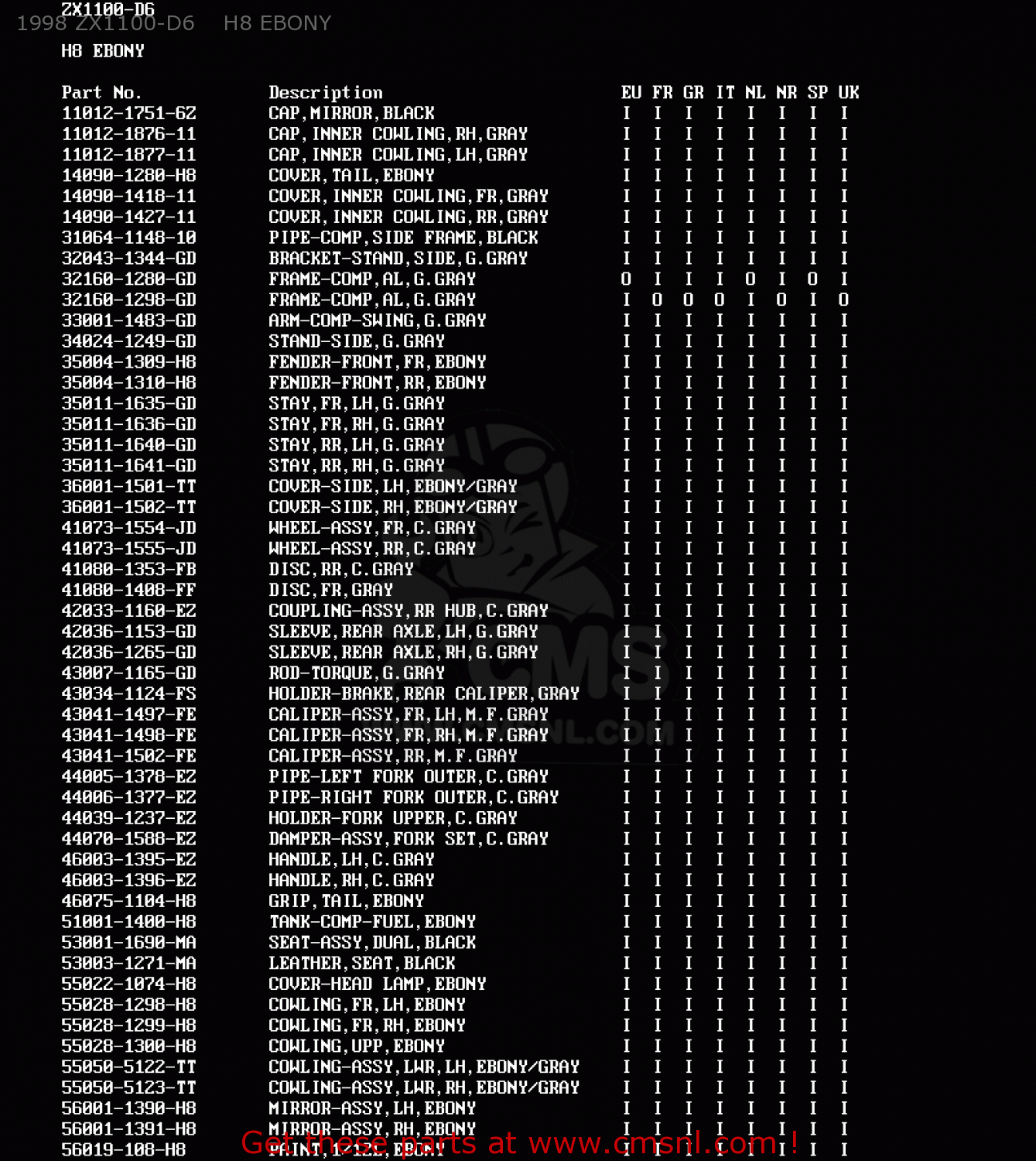 1998 ZX1100-D6    H8 EBONY ZX1100D5 ZZR1100 1997 EUROPE UK FR NL AR FG GR IT NR SD SP ST