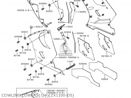 COWLING LOWERS(1/4)(ZX1100-D5) - ZX1100D5 ZZR1100 1997 EUROPE UK FR NL AR FG GR IT NR SD SP ST