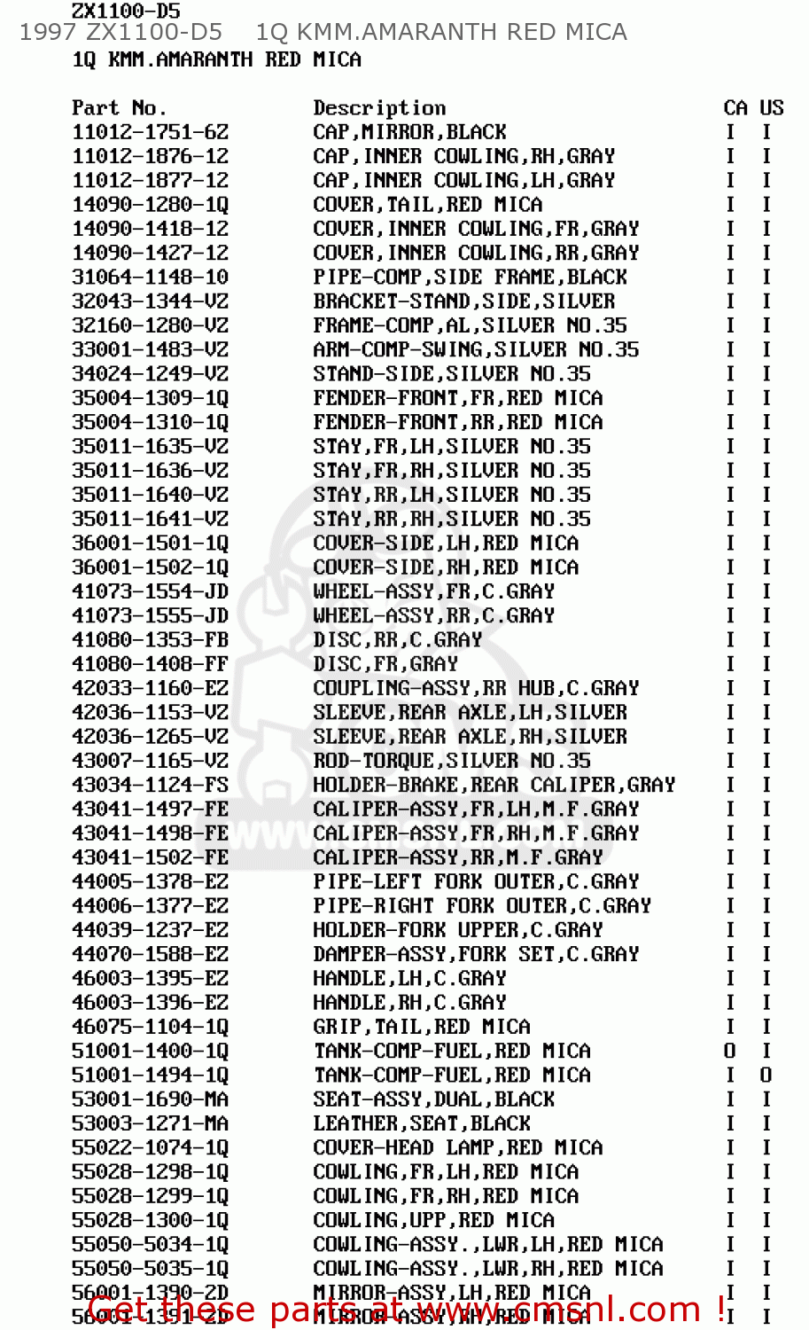 1997 ZX1100-D5    1Q KMM.AMARANTH RED MICA ZX1100D6 NINJAZX11 1998 USA CALIFORNIA CANADA