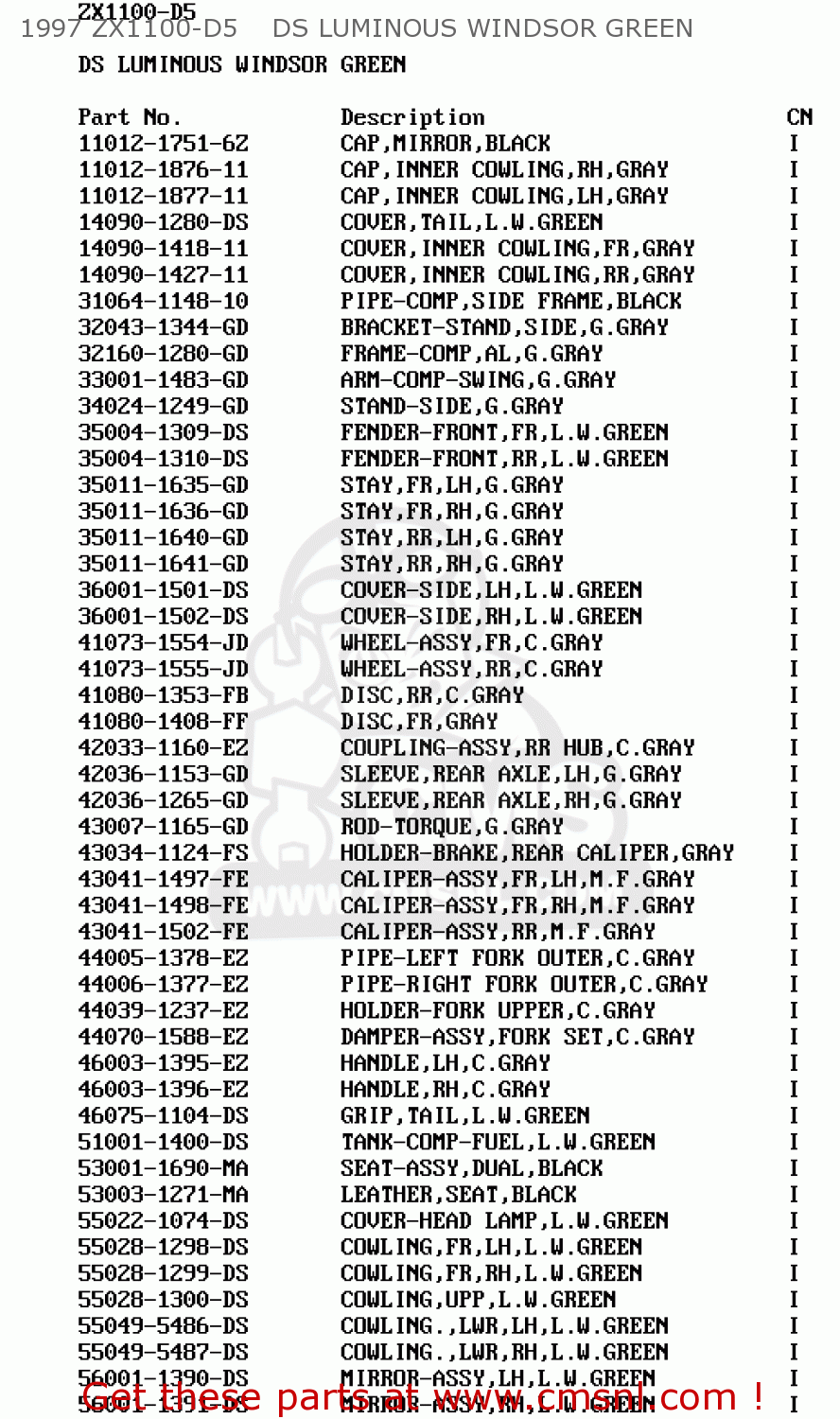 1997 ZX1100-D5    DS LUMINOUS WINDSOR GREEN ZX1100D6 NINJAZX11 1998 USA CALIFORNIA CANADA