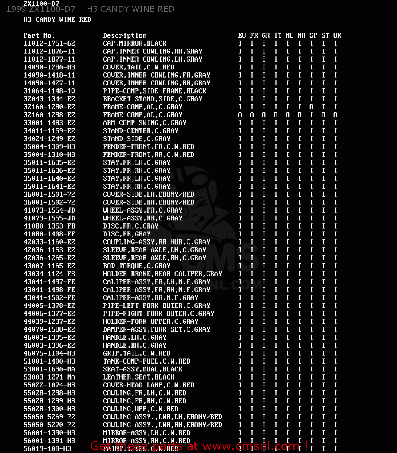 1999 ZX1100-D7    H3 CANDY WINE RED ZX1100D7 ZZR1100 1999 EUROPE UK FR NL GR IT NR SP ST