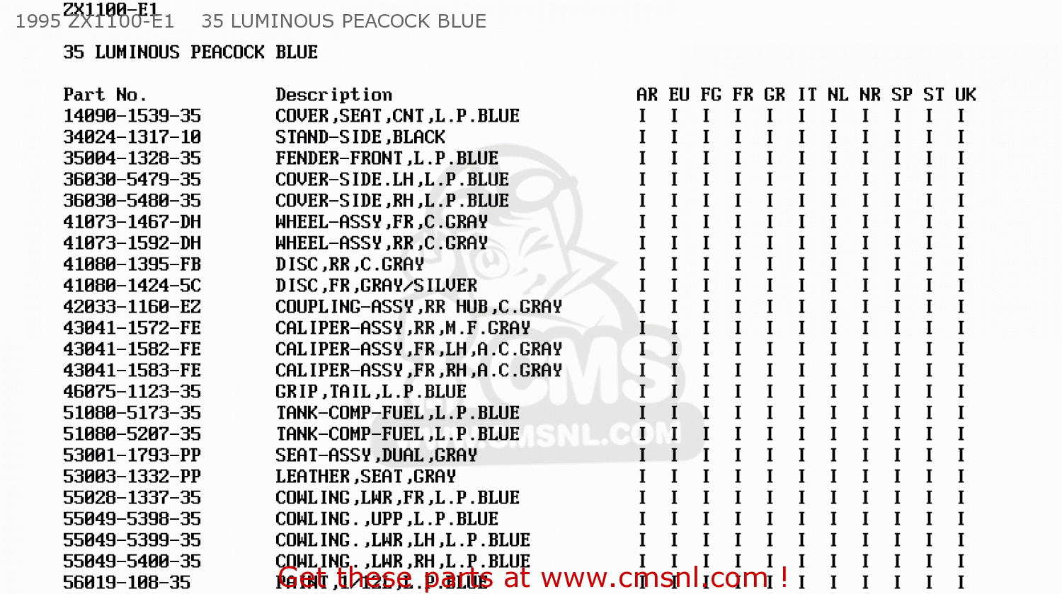 1995 ZX1100-E1    35 LUMINOUS PEACOCK BLUE ZX1100E2 GPZ1100 1996 EUROPE UK FR NL AR FG GR NR SD SP
