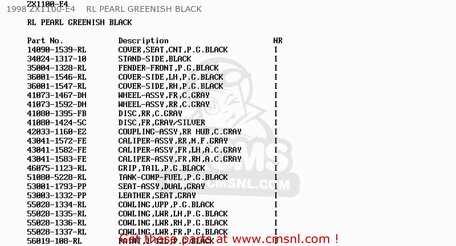 1998 ZX1100-E4    RL PEARL GREENISH BLACK ZX1100E4 GPZ1100 1998 EUROPE UK FR NL AR FG GR NR SP