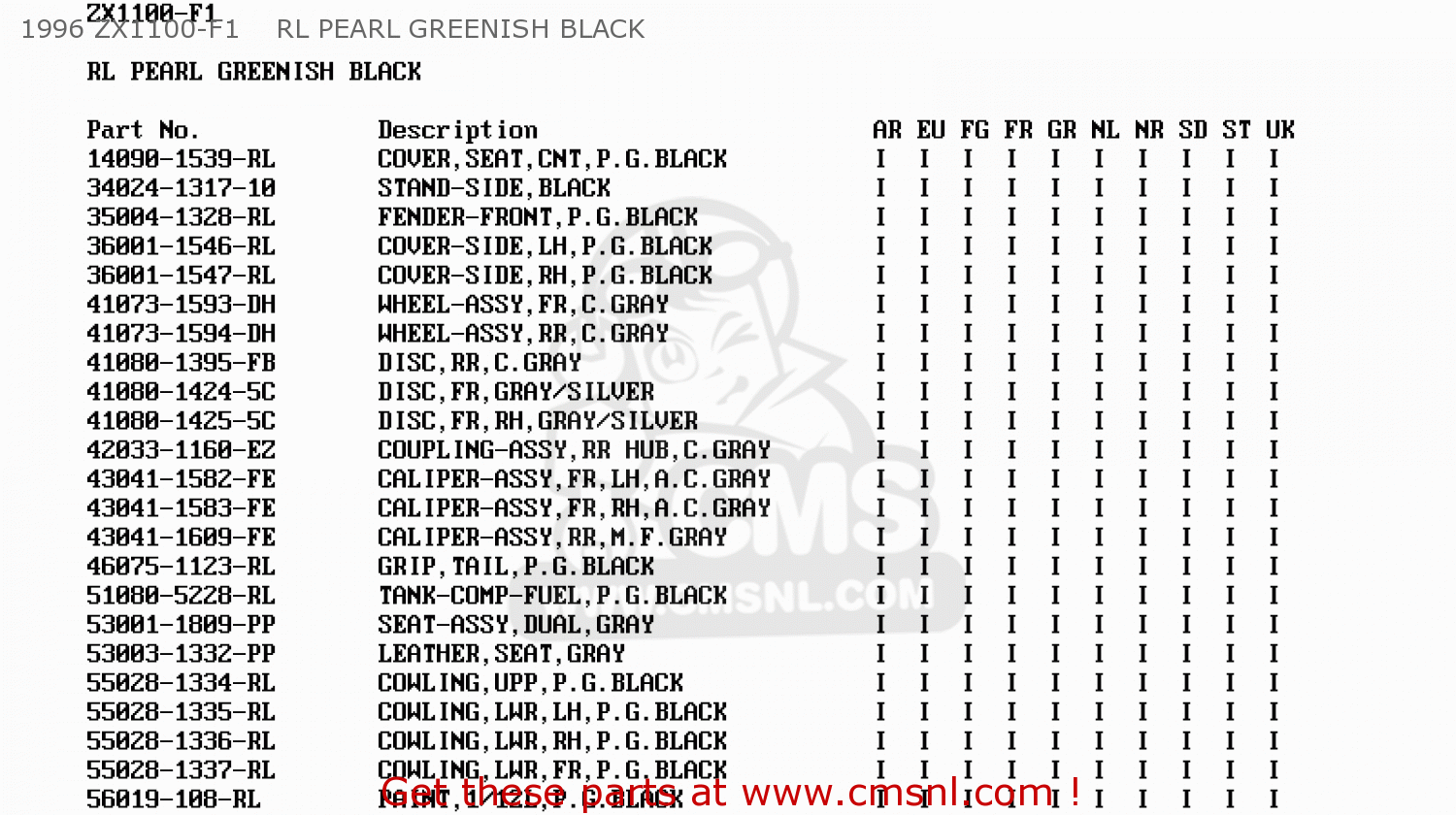 1996 ZX1100-F1    RL PEARL GREENISH BLACK ZX1100F1 GPZ1100 1996 EUROPE UK FR NL AR FG GR NR SD ST