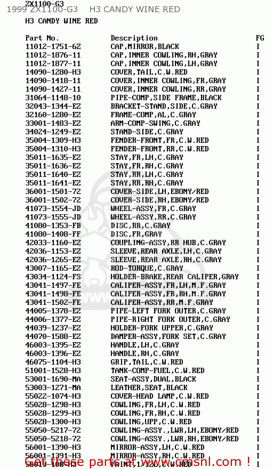 1999 ZX1100-G3    H3 CANDY WINE RED ZX1100G3 ZZR1100 1999 FG