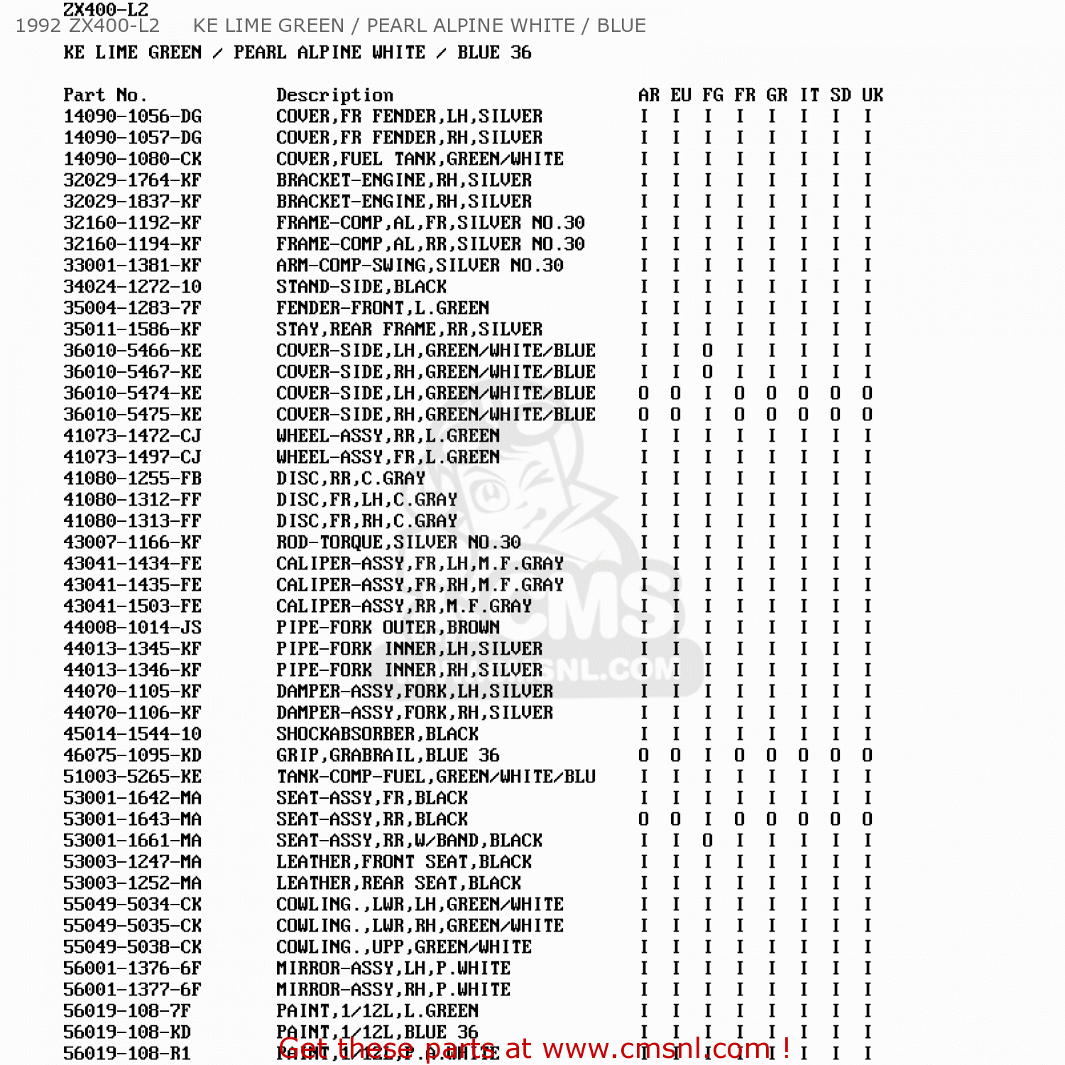 1992 ZX400-L2     KE LIME GREEN / PEARL ALPINE WHITE / BLUE ZX400L1 ZXR400 1991 EUROPE UK FR AR FG GR IT NR
