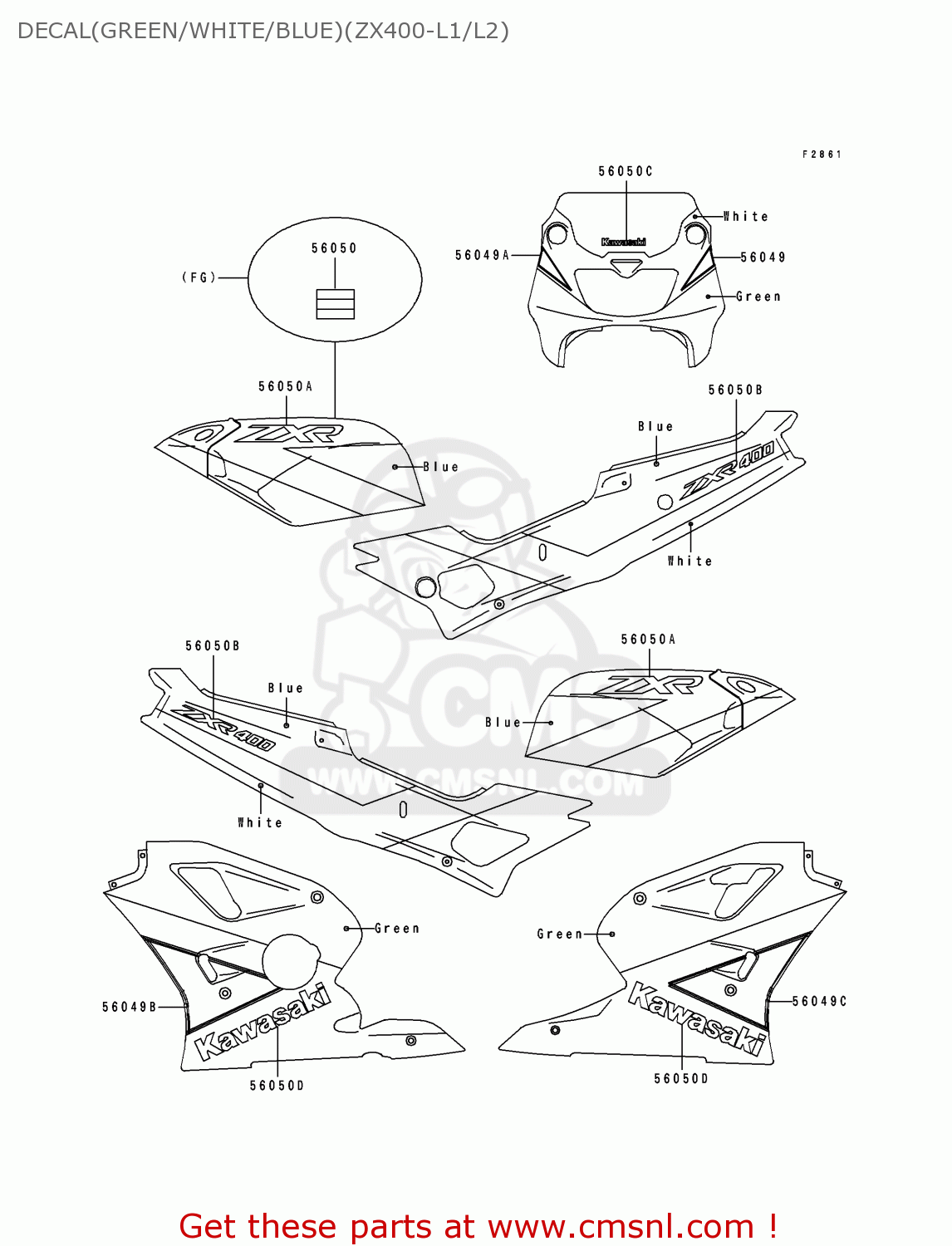 DECAL(GREEN/WHITE/BLUE)(ZX400-L1/L2) ZX400L2 ZXR400 1992 EUROPE UK FR AR FG GR IT NR SD
