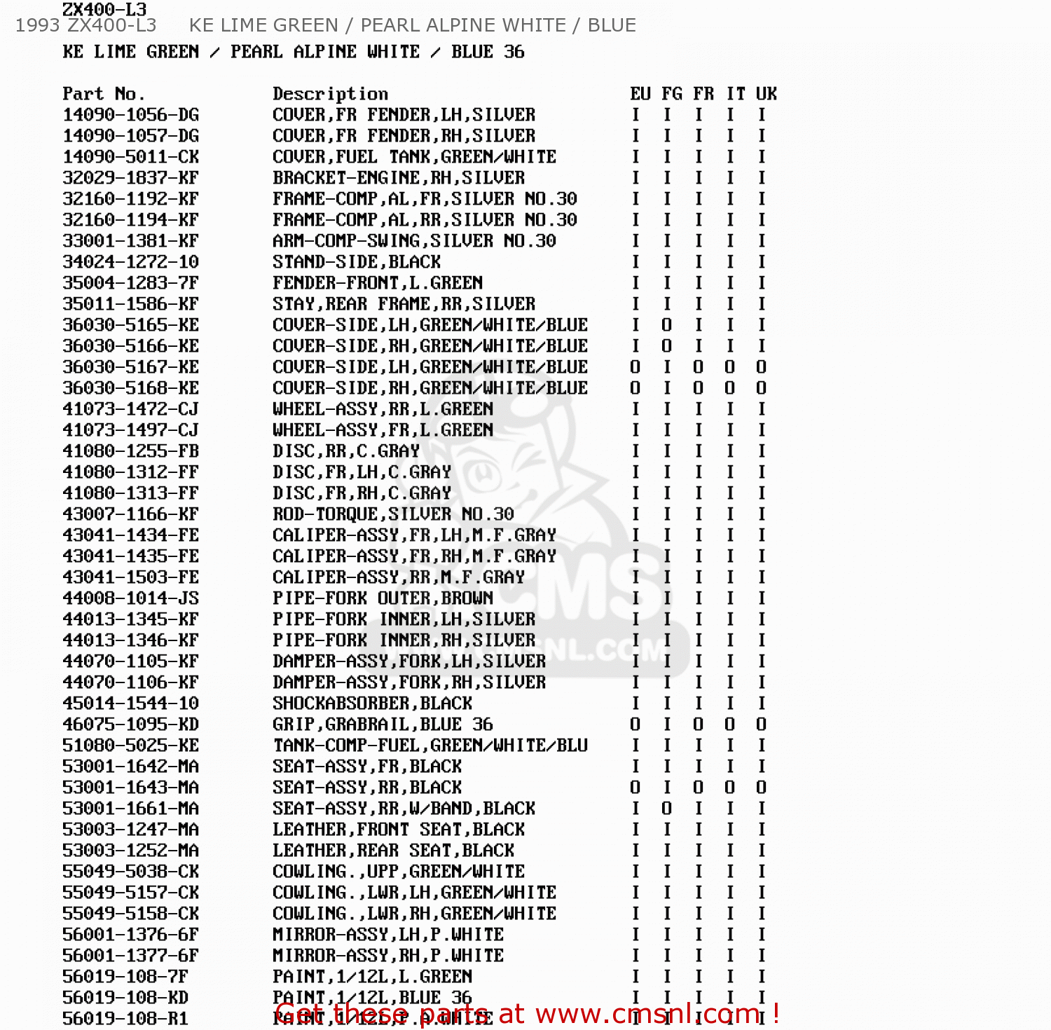1993 ZX400-L3     KE LIME GREEN / PEARL ALPINE WHITE / BLUE ZX400L3 ZXR400 1993 EUROPE UK FR AR FG IT