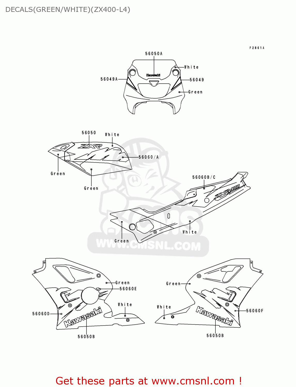DECALS(GREEN/WHITE)(ZX400-L4) ZX400L4 ZXR400 1994 UNITED KINGDOM FR NL AR FG IT