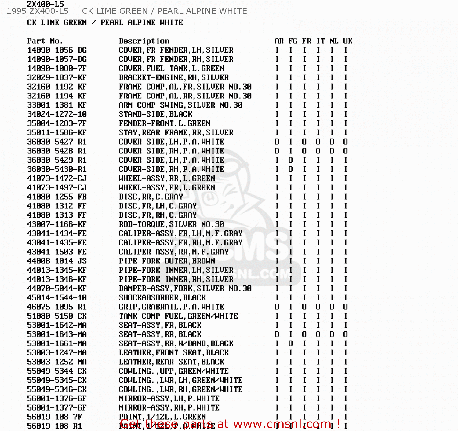 1995 ZX400-L5     CK LIME GREEN / PEARL ALPINE WHITE ZX400L5 ZXR400 1995 UNITED KINGDOM FR NL AR FG IT