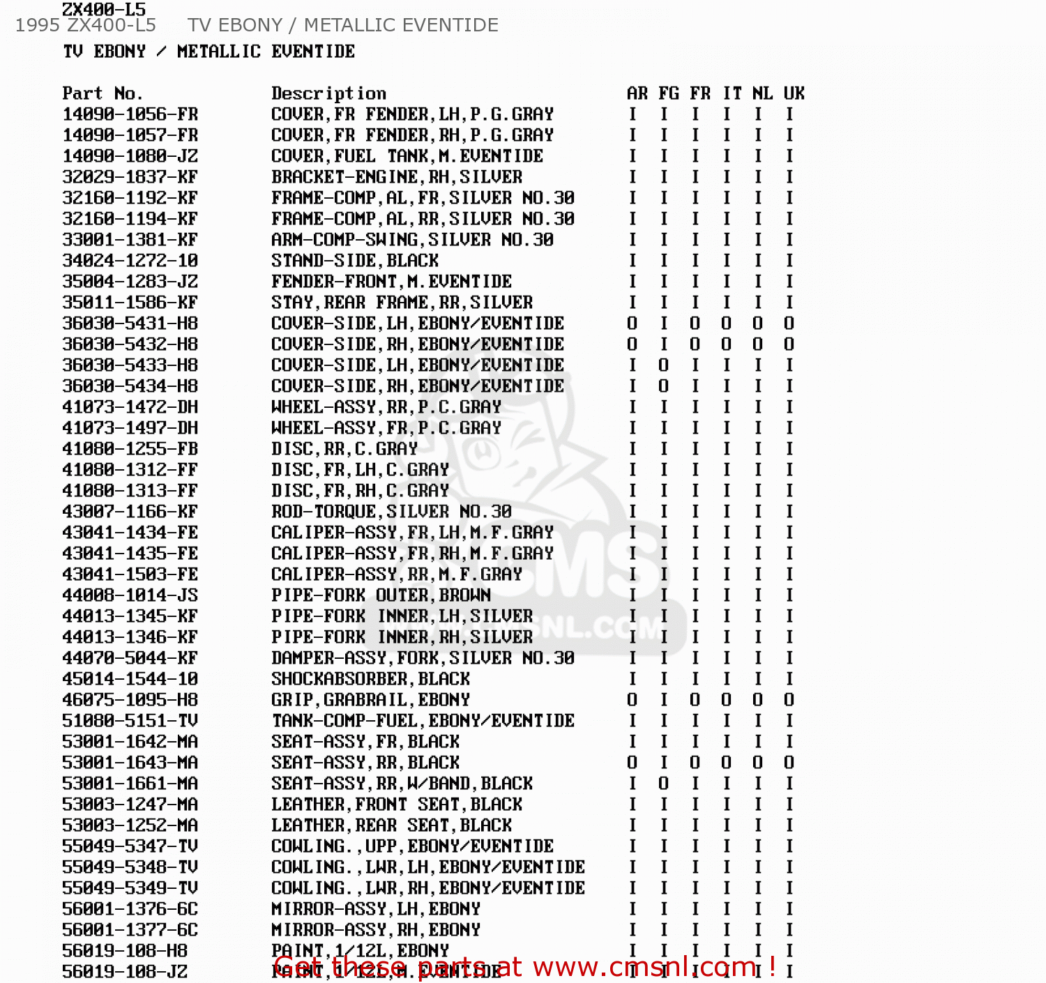 1995 ZX400-L5     TV EBONY / METALLIC EVENTIDE ZX400L5 ZXR400 1995 UNITED KINGDOM FR NL AR FG IT