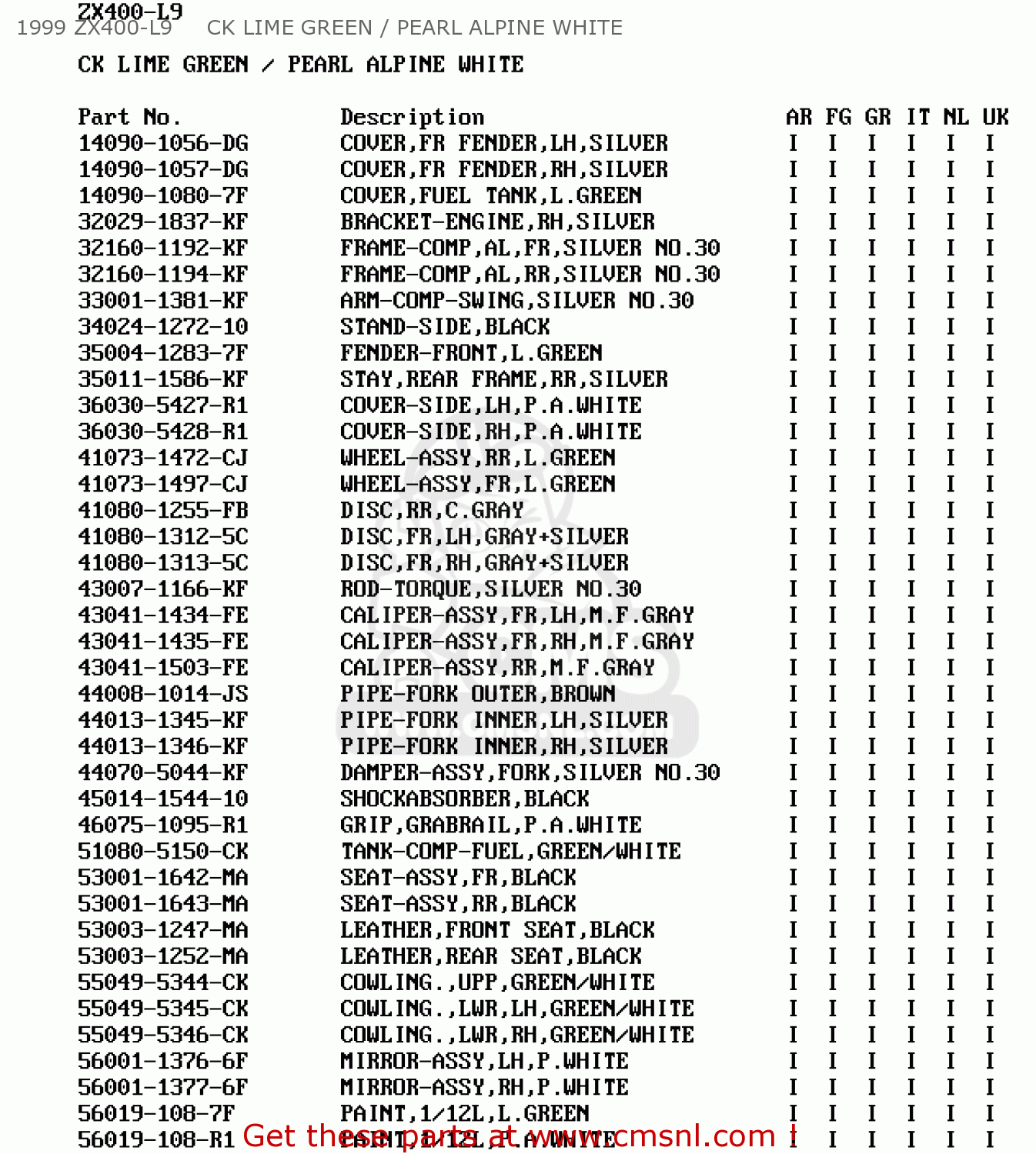 1999 ZX400-L9     CK LIME GREEN / PEARL ALPINE WHITE ZX400L9 ZXR400 1999 UNITED KINGDOM NL AR FG GR IT