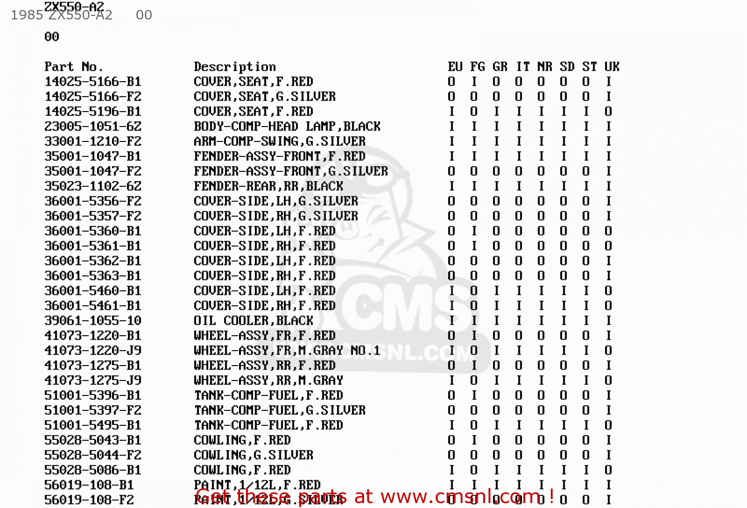1985 ZX550-A2     00 ZX550A1 GPZ550 1984 EUROPE UK FR GR IT FG SD ST