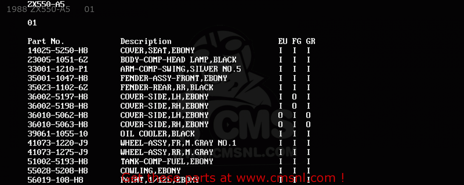 1988 ZX550-A5     01 ZX550A1 GPZ550 1984 EUROPE UK FR GR IT FG SD ST