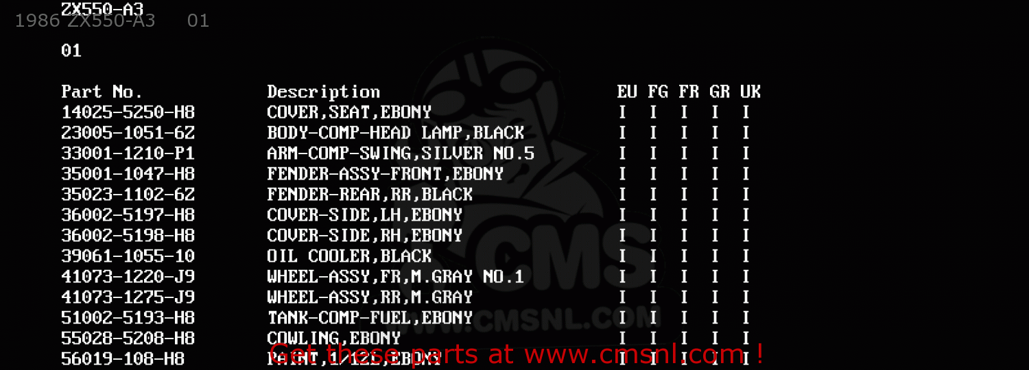 1986 ZX550-A3     01 ZX550A3 GPZ550 1986 EUROPE UK FR FG GR