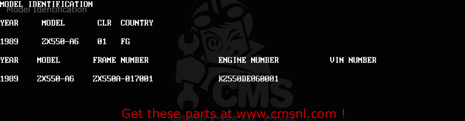Model Identification ZX550A6 GPZ550 1989 FG